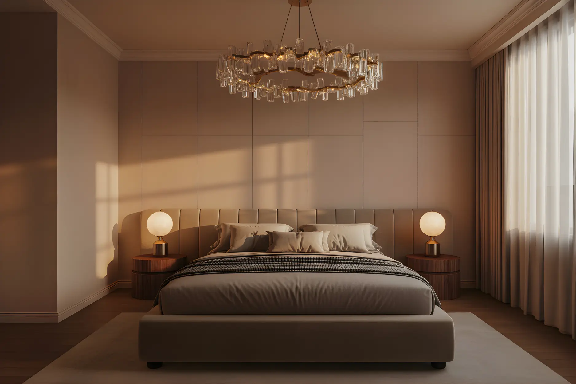 A statement chandelier combines bold design with warm, diffused brightness.