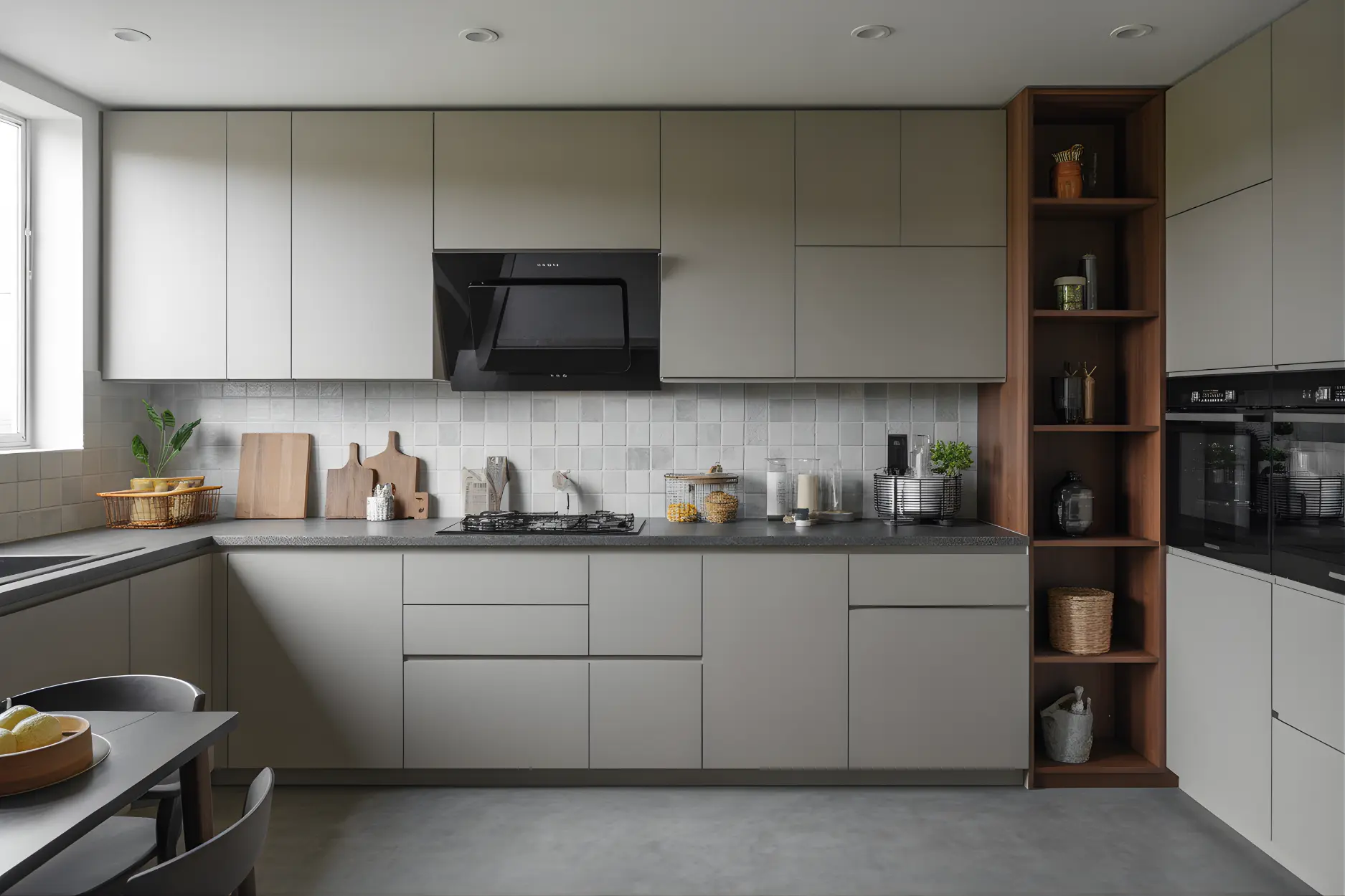 For calm yet pastel vibes Use grey color in kitchen