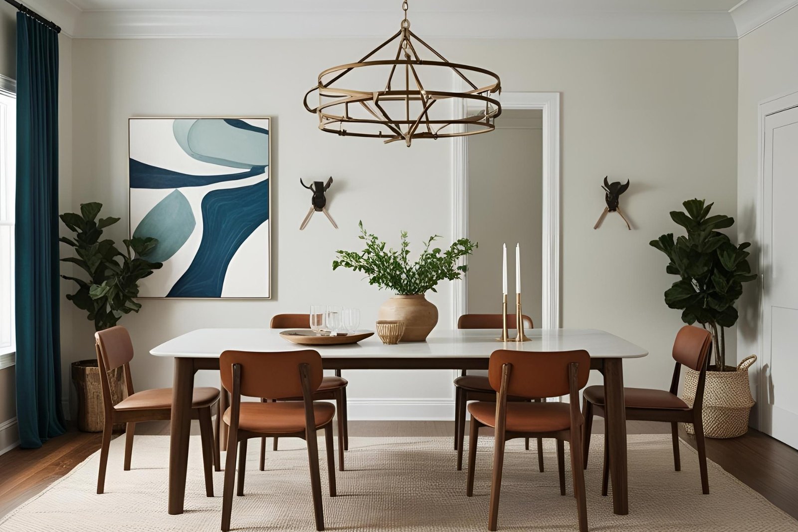Modern dining room featuring mid-century chairs, a marble table, and gold chandelier lighting.