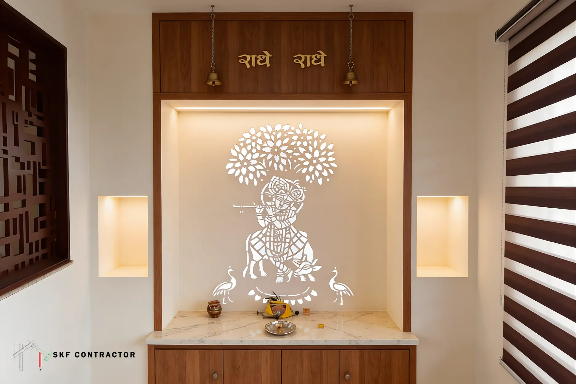 A spacious puja ghar with CNC cutting designs