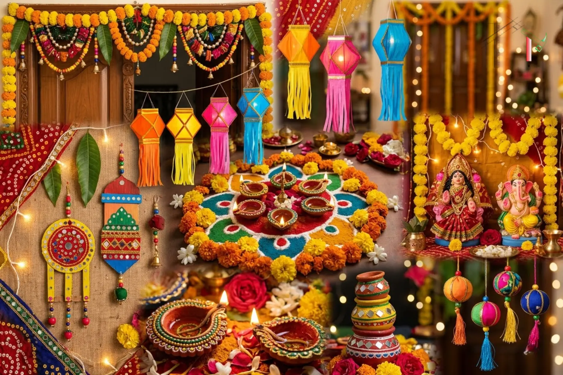 Navratri festival decorations featuring colorful rangoli, burning diya lamps, marigold garlands.
