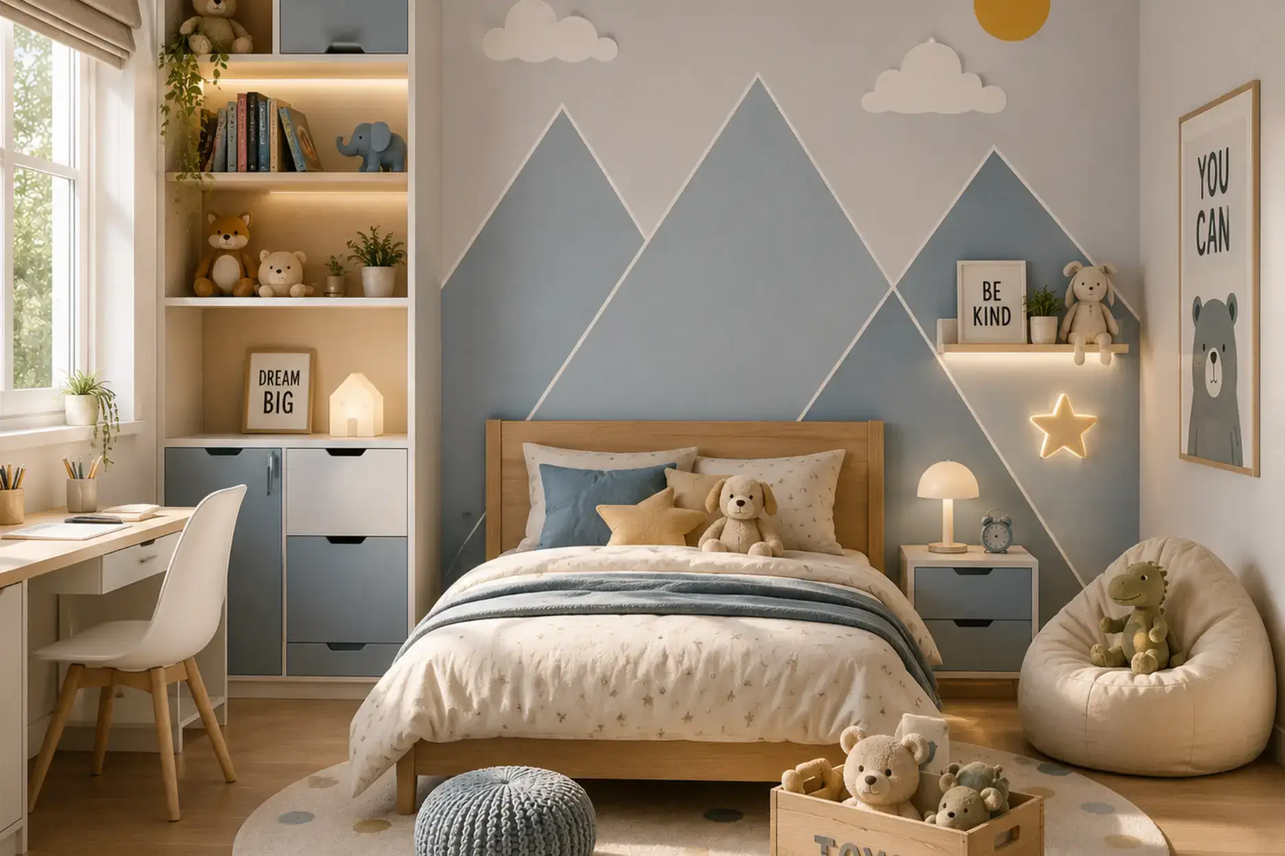 Modern mountain themed kids bedroom with blue accent wall, wooden bed, and cozy reading nook.