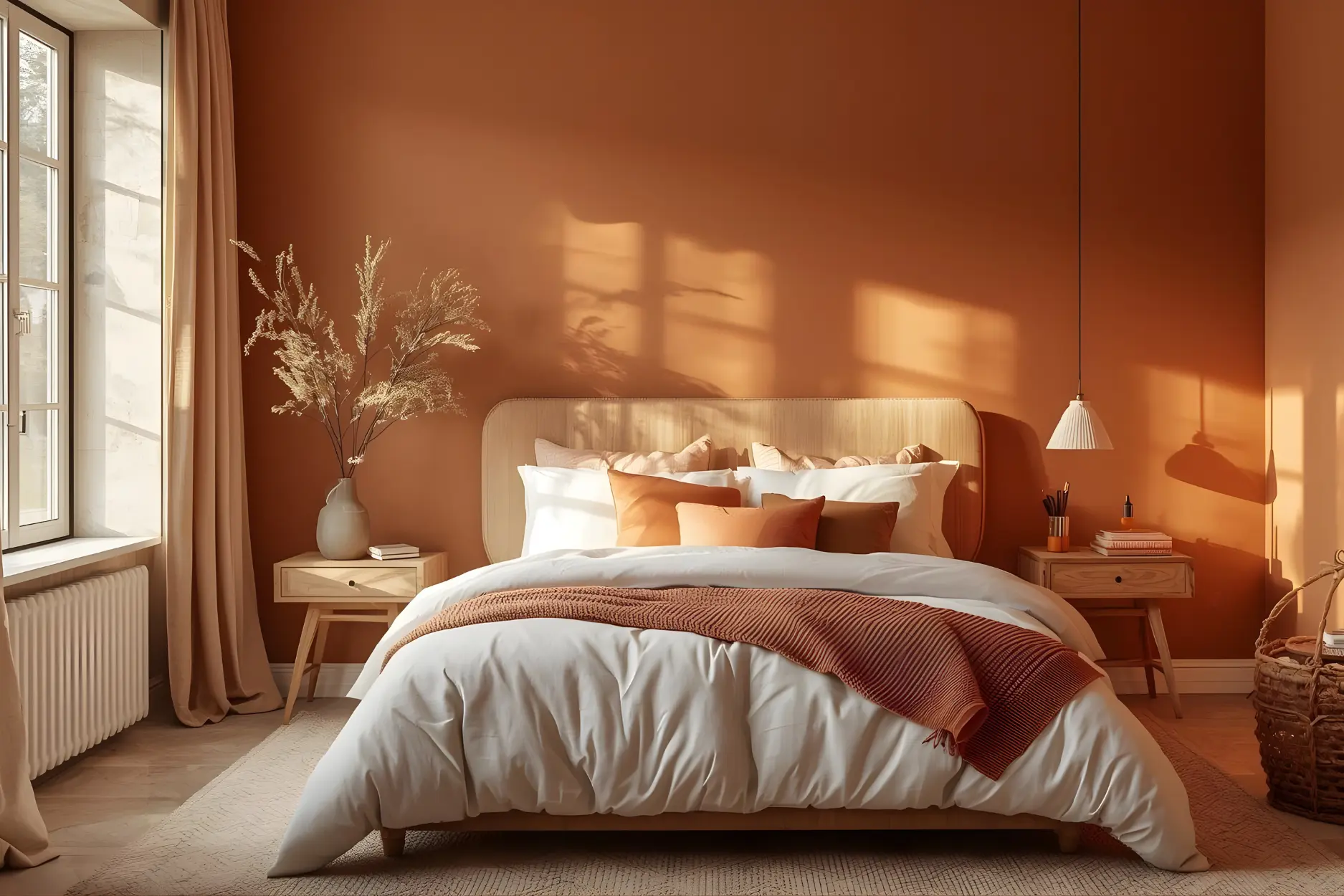 Cozy bedroom wall colour combination with warm orange shades and earthy accents
