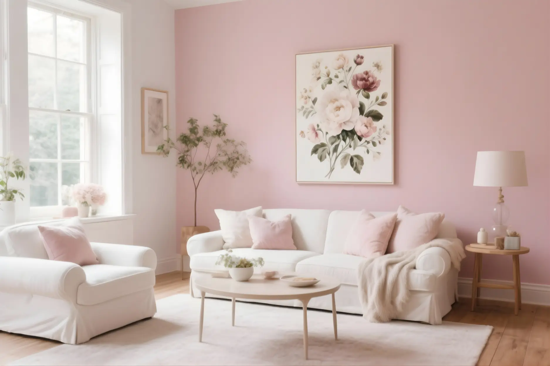 Living room in Dusty Pink + Off-White Color Combination