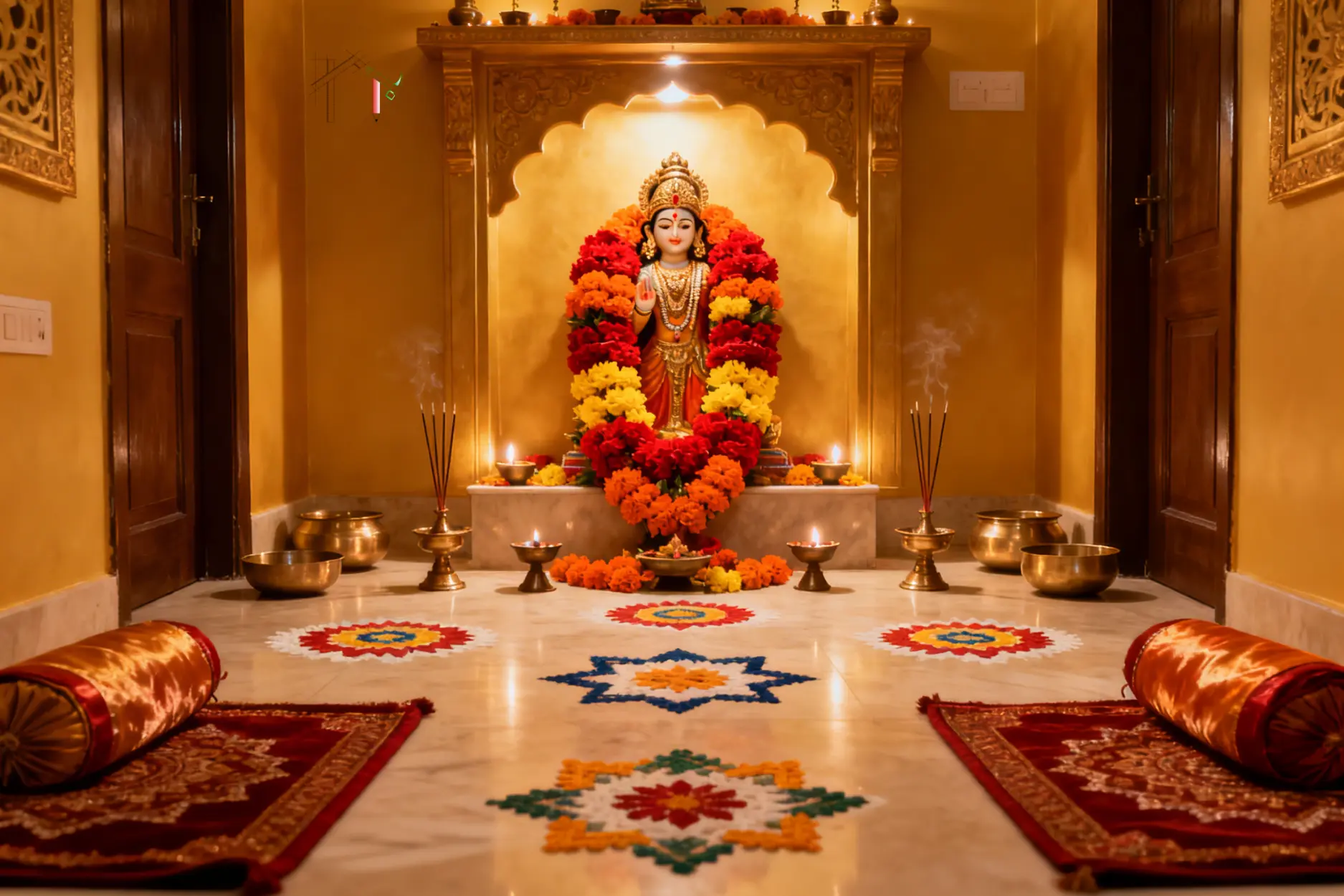 Hindu puja room featuring a decorated deity statue with flower garlands, oil lamps, and rangoli patterns.