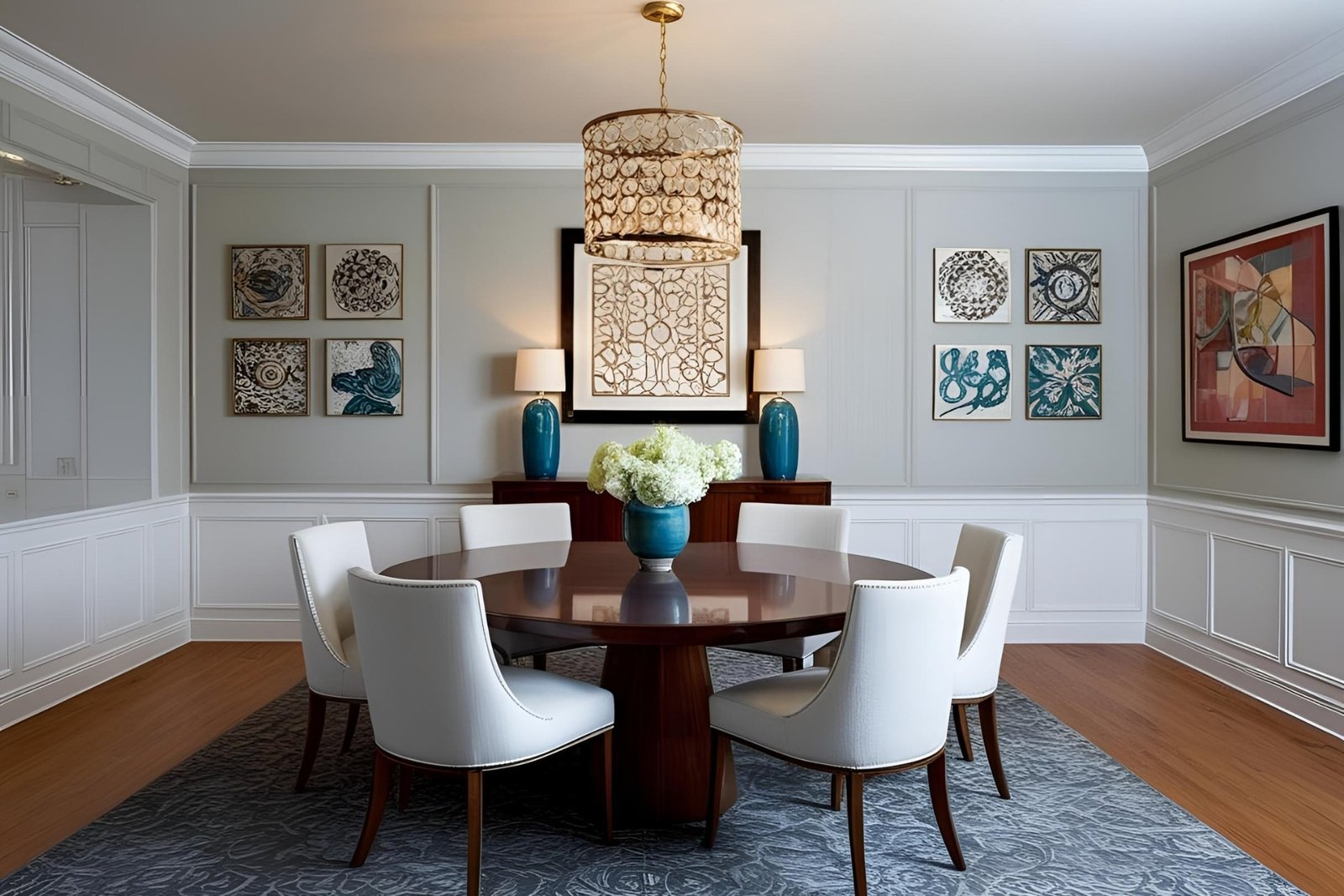 Elegant dining room featuring a round mahogany table, white chairs, and a decorative gold chandelier.