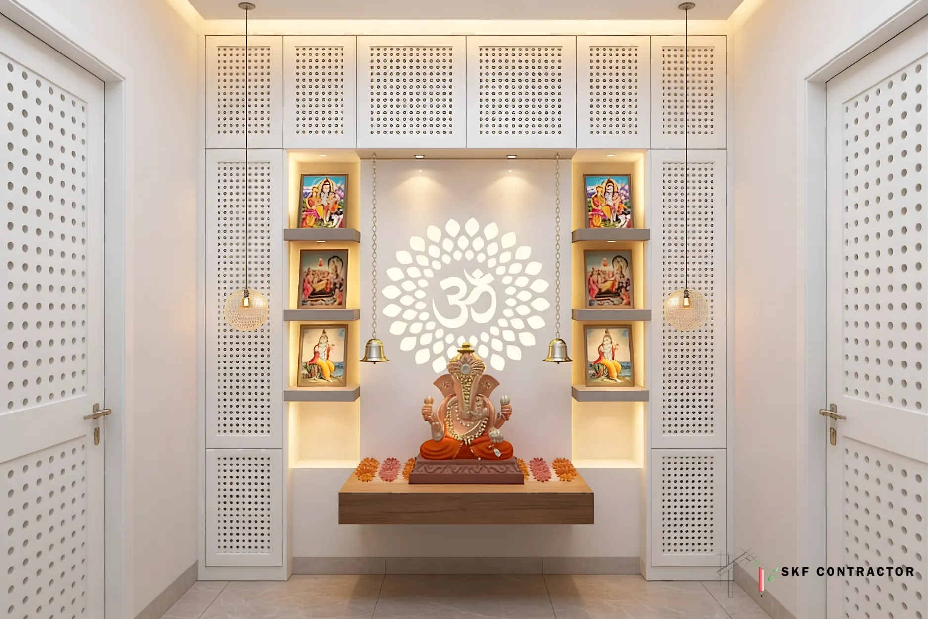 A wooden puja unit with open shelves on either side