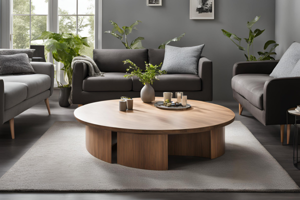 Modern round wooden coffee table in a minimalist living room with grey sofas and green plants.