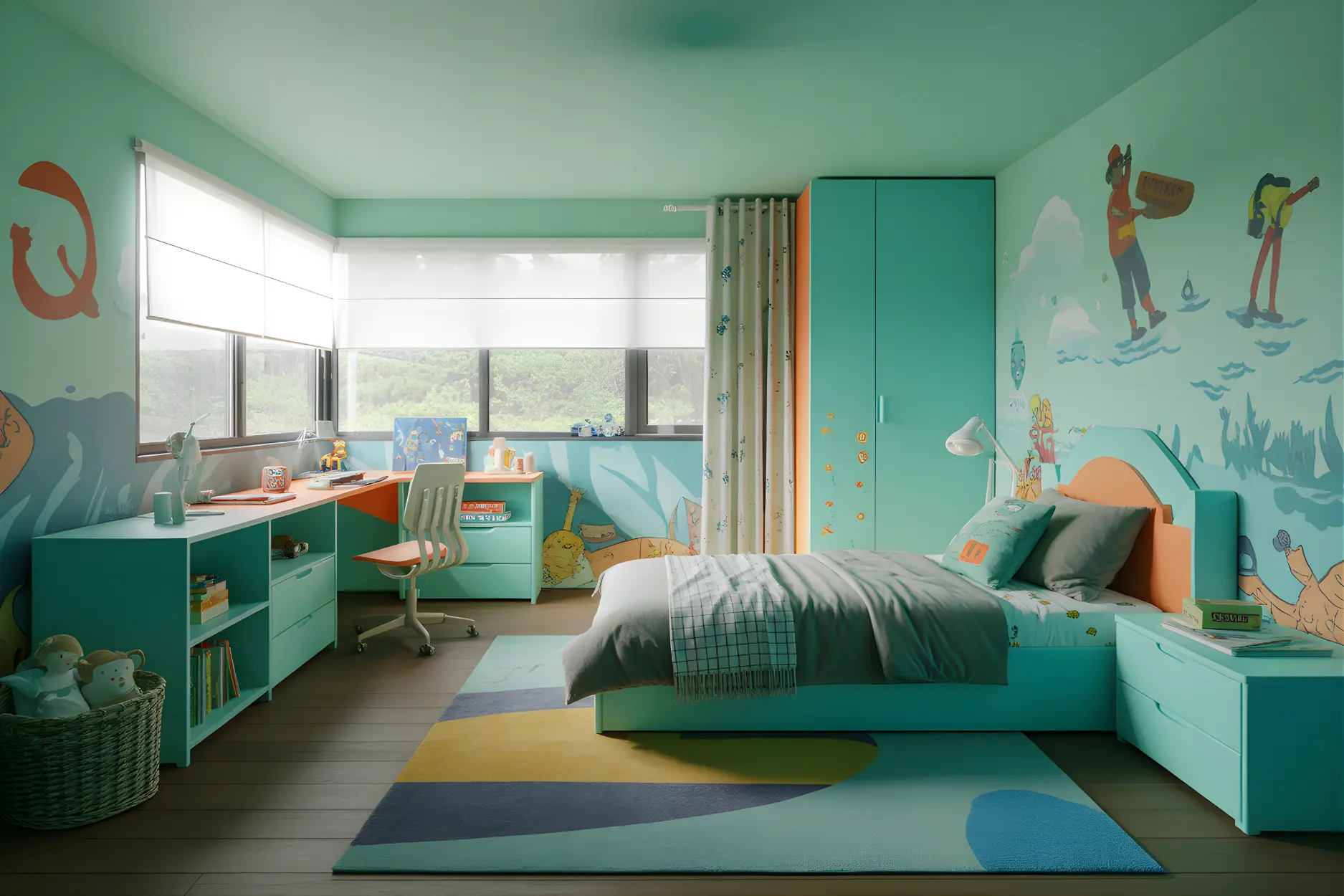Kids Bedroom in Aqua Teal Color