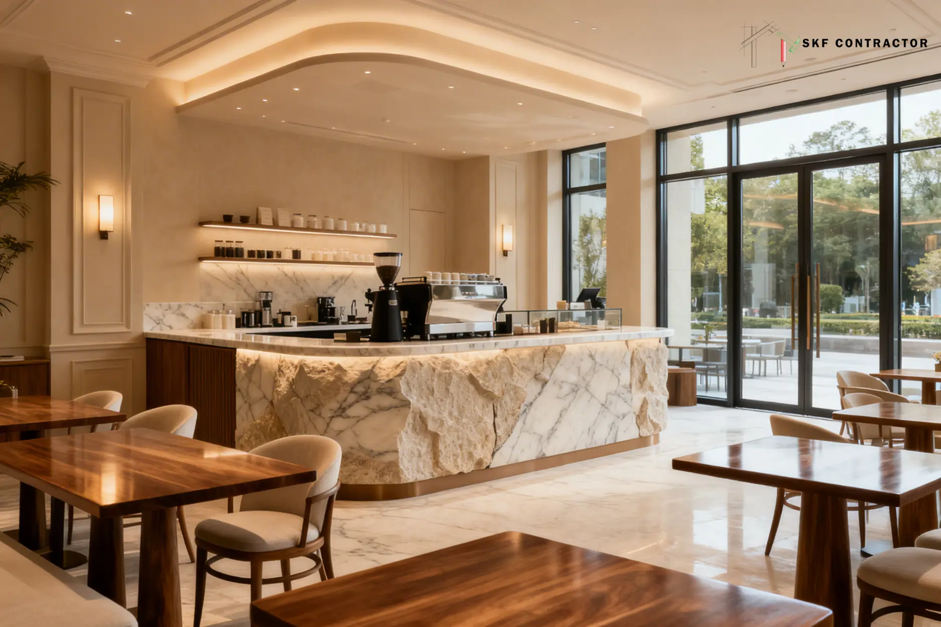 Luxury cafe interior featuring a natural stone marble counter, espresso machine, and wood dining tables.