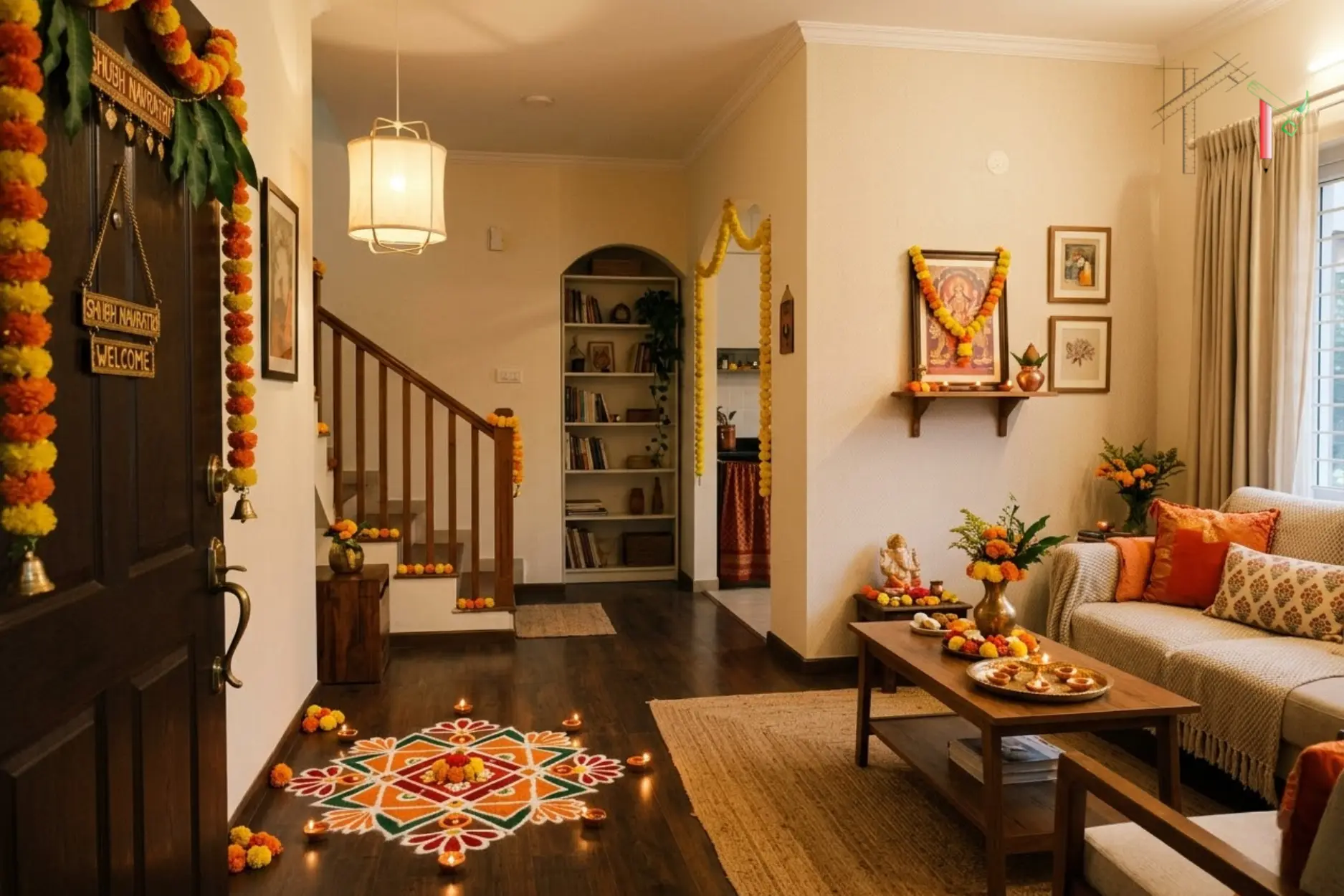 Indian living room decorated for Navratri with a colorful floor rangoli, marigold garlands.