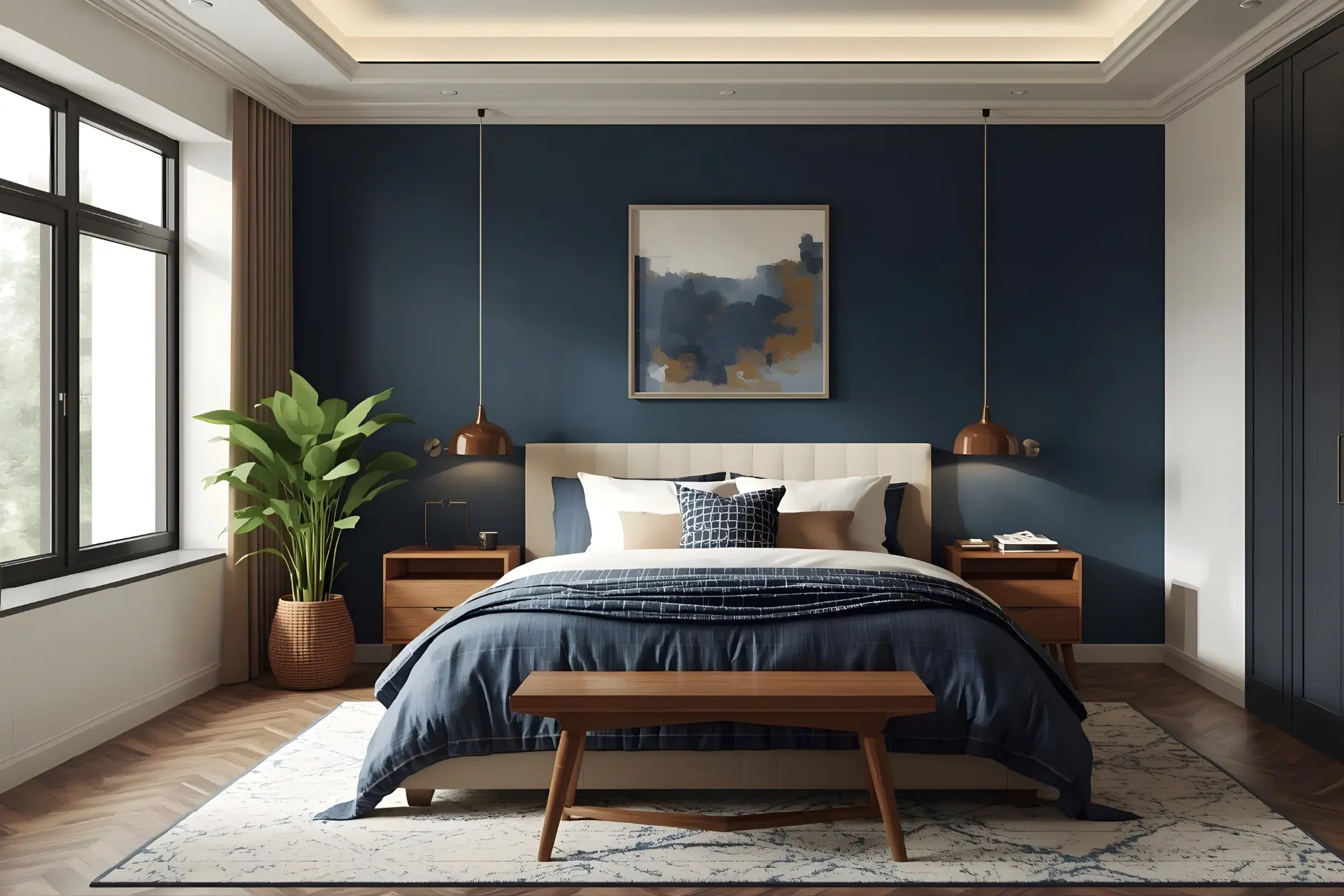 Bedroom colour combination featuring navy blue and warm beige hues