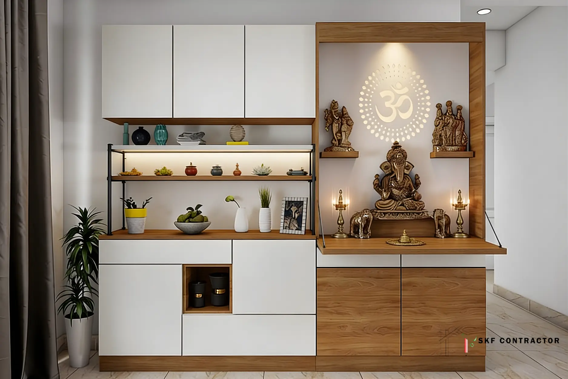 A space-saving puja unit with an attached rack