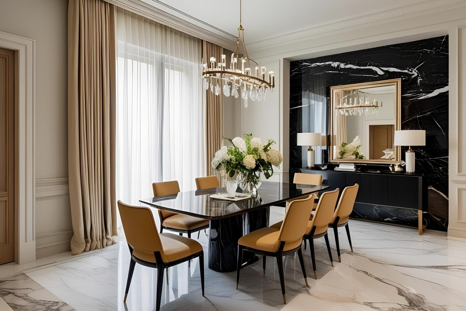 Luxury modern dining room with a marble table, tan leather chairs, and a crystal chandelier.