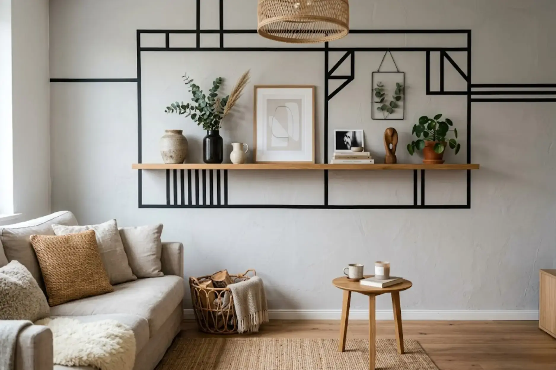 Modern minimalist living room featuring a wooden floating shelf with plants and art against a geometric wall mural.