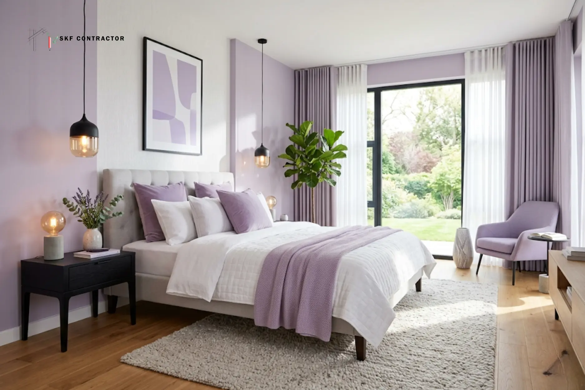 Modern bedroom interior design featuring lavender walls, a tufted headboard, and minimalist pendant lighting.