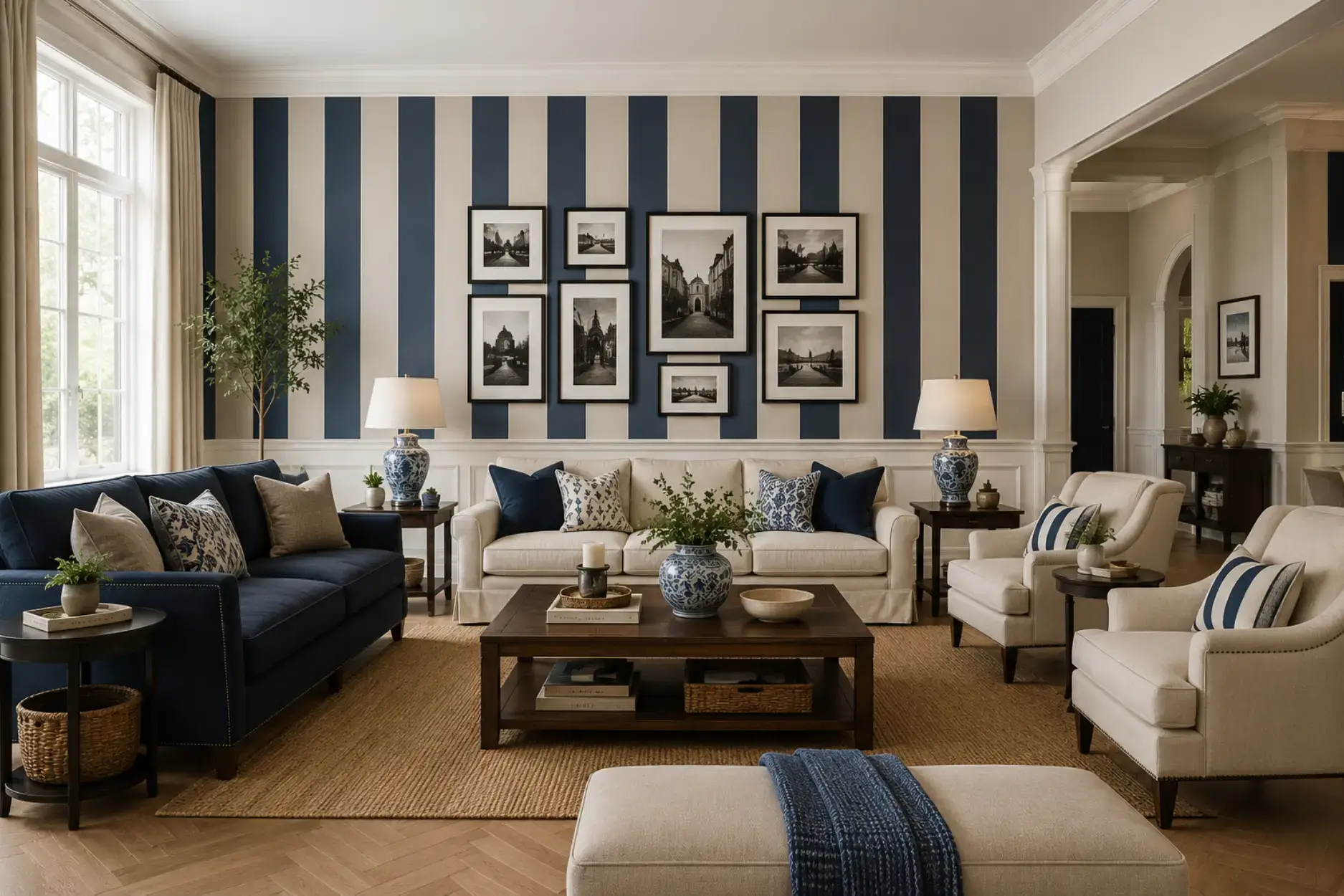Elegant coastal living room featuring blue striped wallpaper, a gallery wall, and navy sofas with white accents.