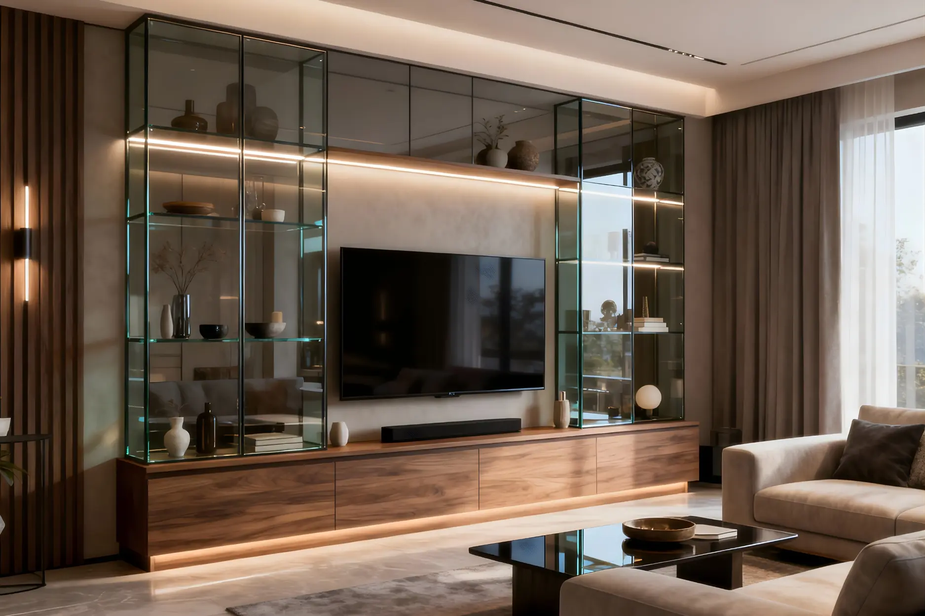 Glass Finish Elegance In TV Unit Design