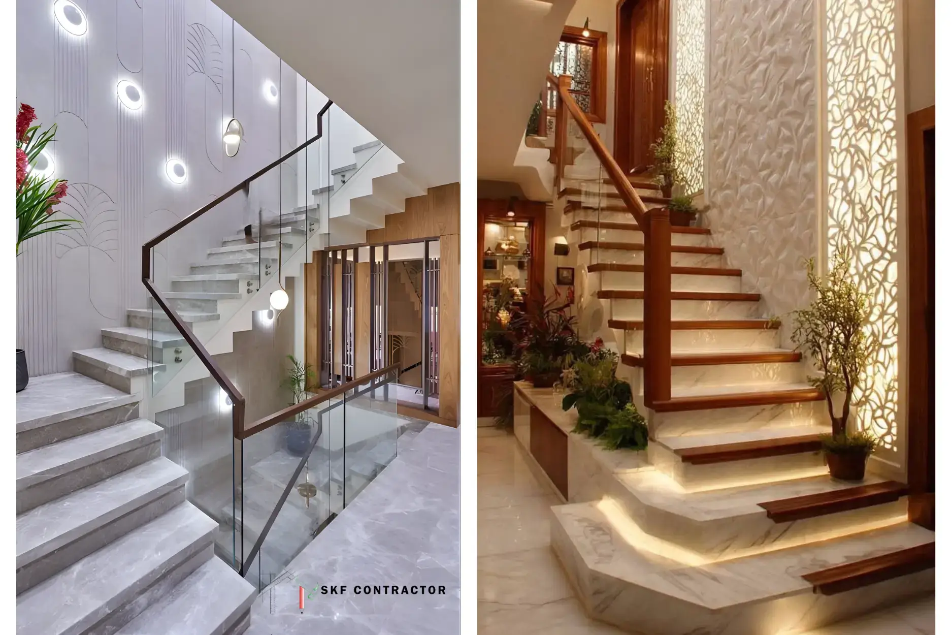Modern luxury staircase designs featuring marble steps, glass railings, and elegant interior lighting.