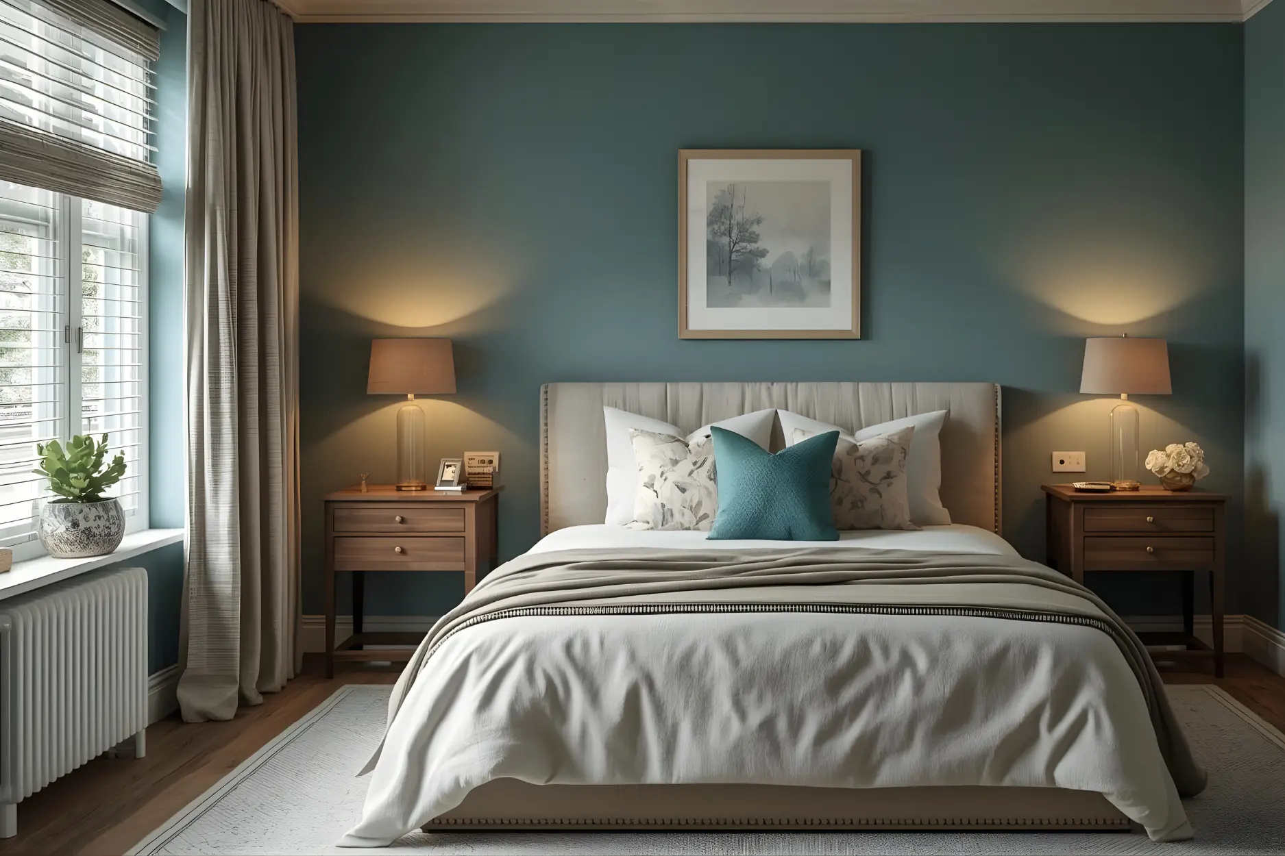 Relaxing bedroom wall colours featuring soothing teal blue shades and warm lighting