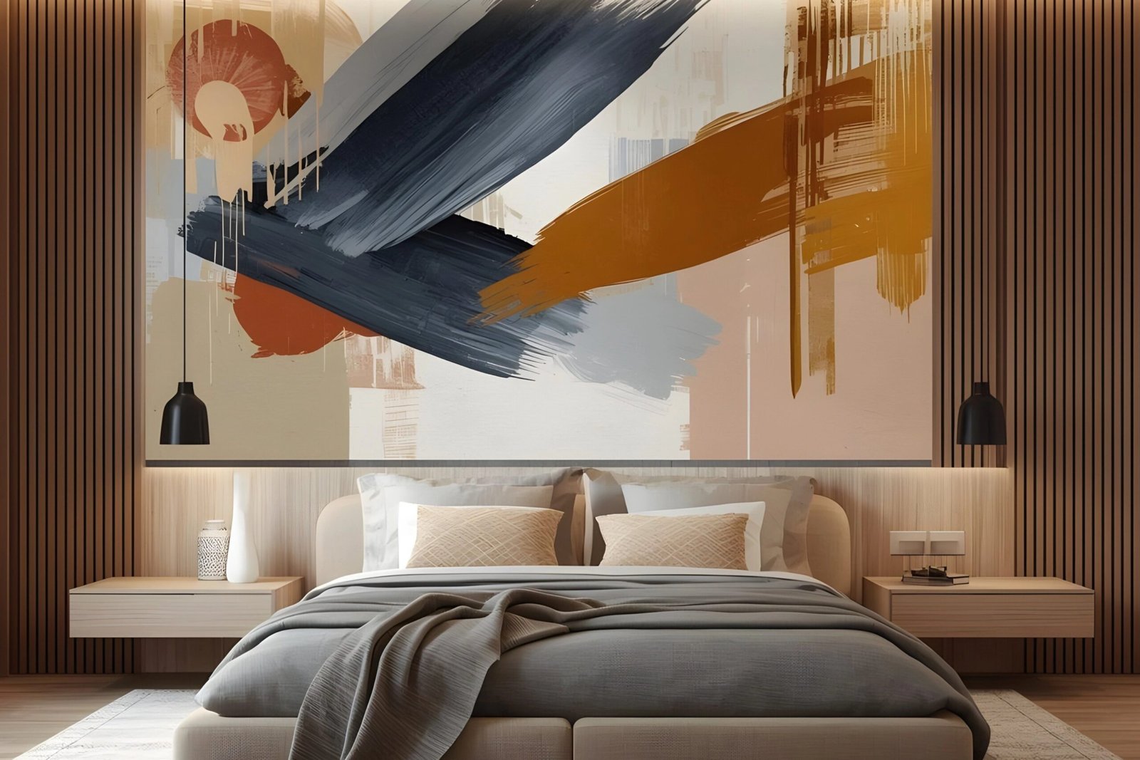 Modern bedroom interior featuring a large abstract wall mural with navy and terracotta brushstrokes above a gray bed.