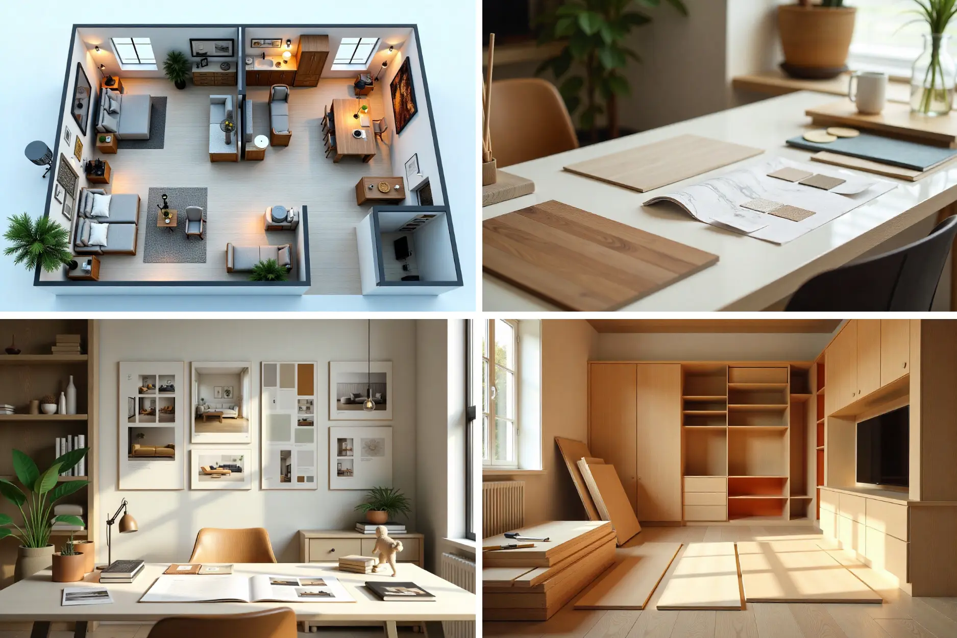 Collage showing modern interior design services, from 3D floor plans to architectural mood boards and custom woodworking.