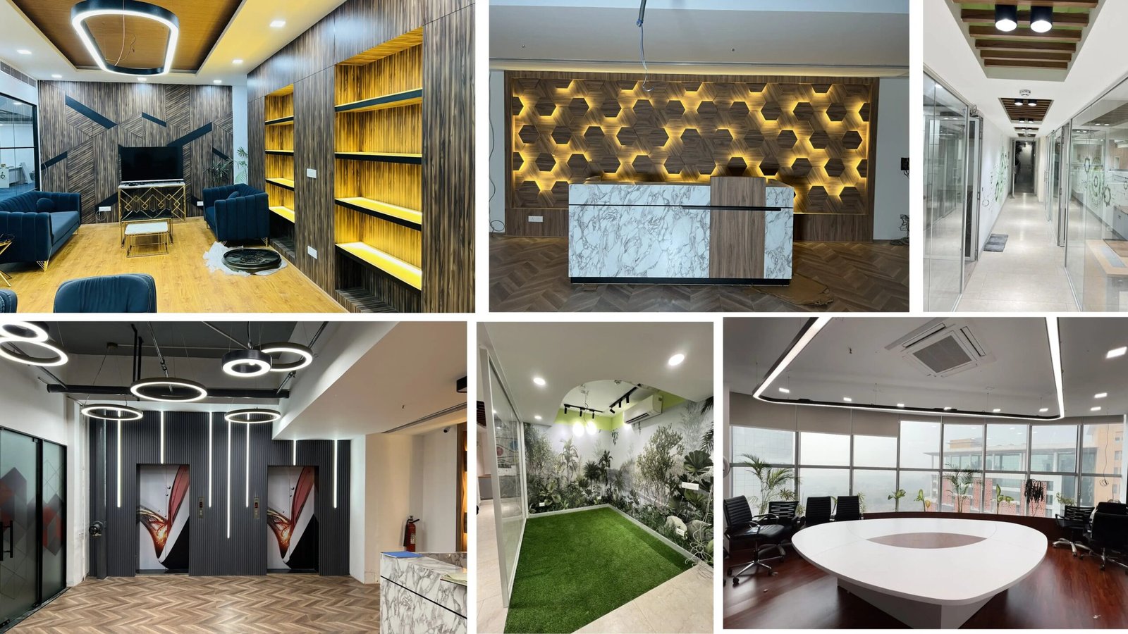 Modern corporate office interior design showcasing luxury meeting rooms, lobby reception, and creative workspaces.