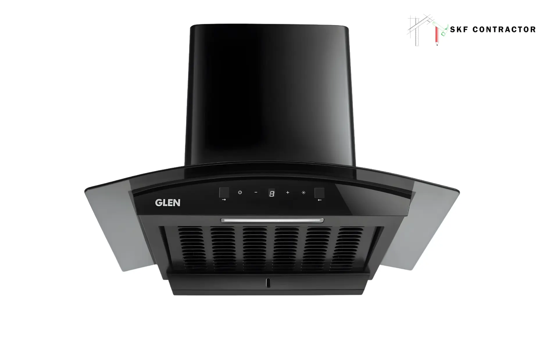 Glen black curved glass wall-mounted kitchen chimney with touch control panel and baffle filter.