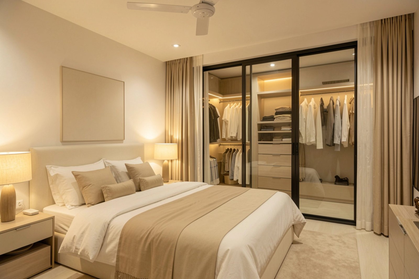 Modern master bedroom with a king size bed and glass sliding door walk-in closet.