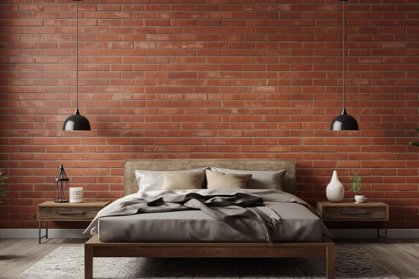 Modern industrial bedroom with a red brick accent wall, pendant lights, and a wooden bed frame.