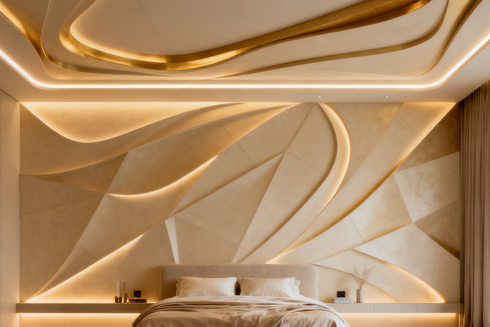 Luxury bedroom with a modern curved accent wall and warm integrated LED cove lighting.