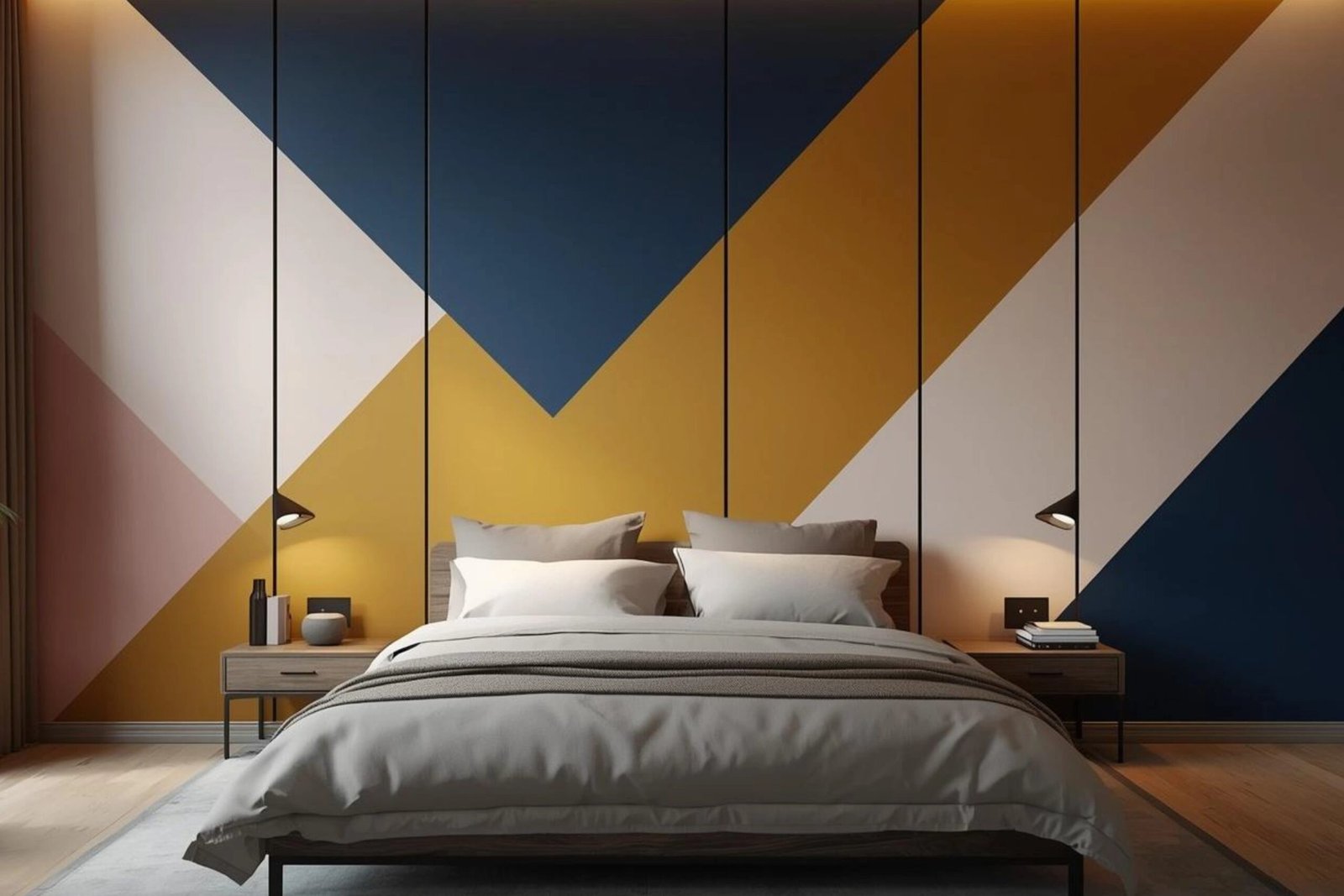 Modern bedroom with a geometric mountain wall mural in blue, yellow, and white colors.
