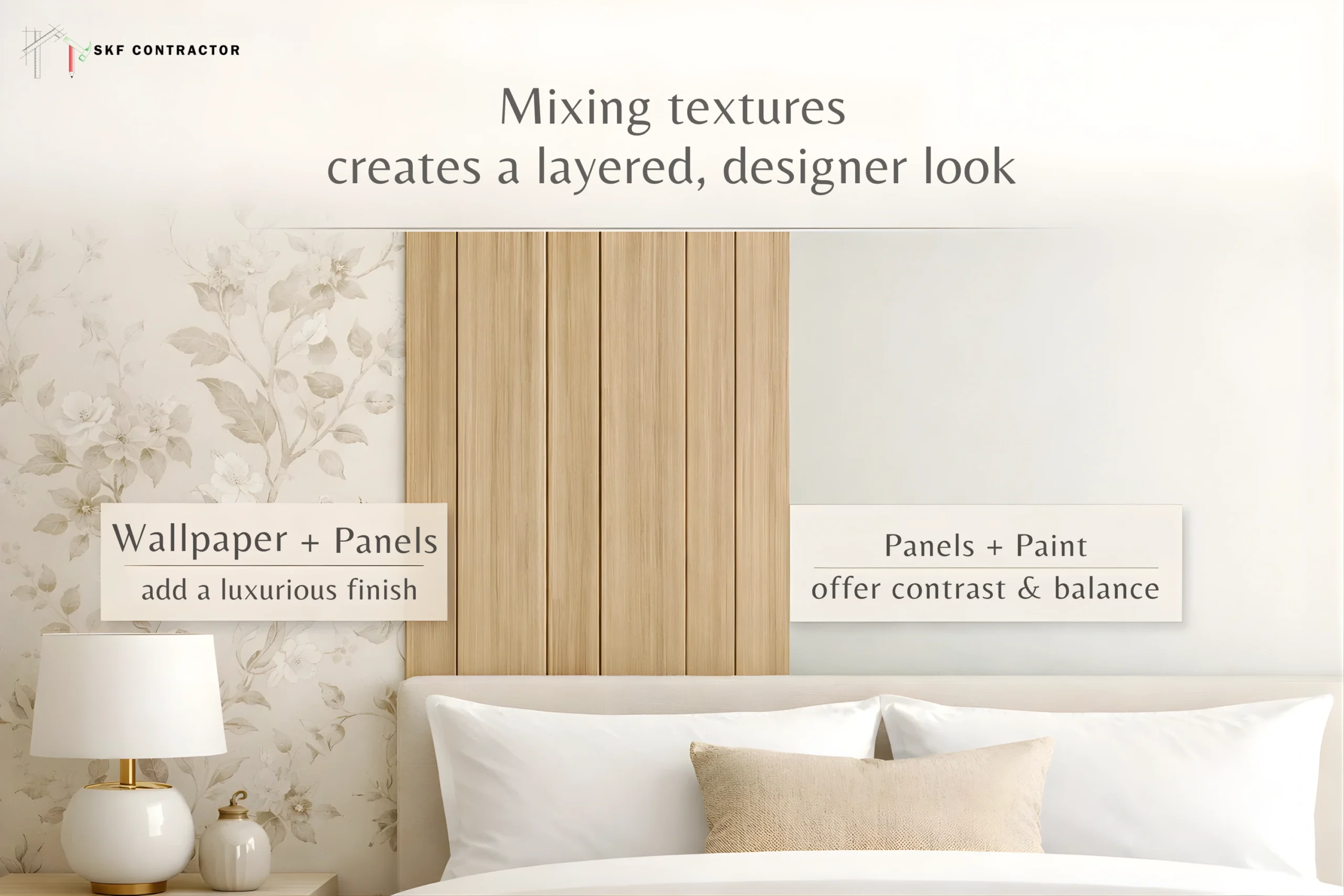A modern bedroom featuring mixed textures with floral wallpaper, wood wall panels, and white paint for a designer look.