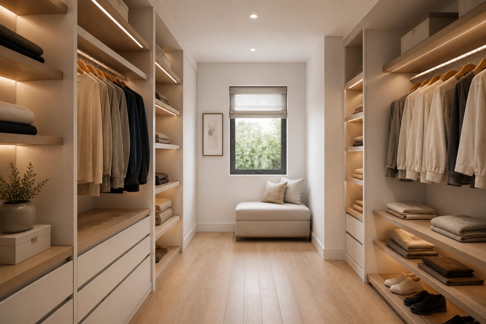 Modern luxury walk-in closet with custom wood shelving, built-in LED lighting, and a cozy window seating bench.