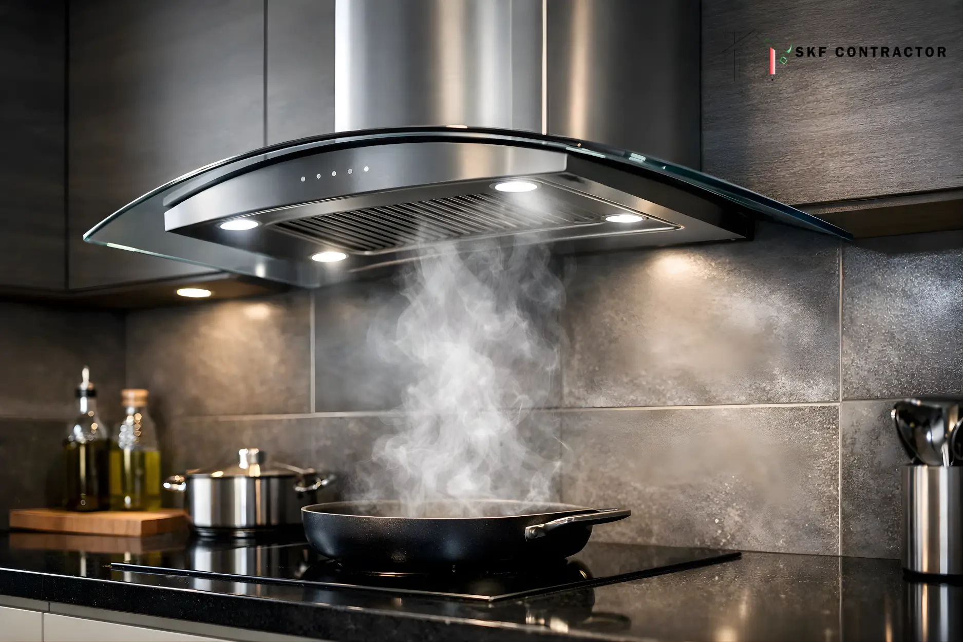 Modern stainless steel kitchen range hood venting steam from a black frying pan on a glass cooktop.