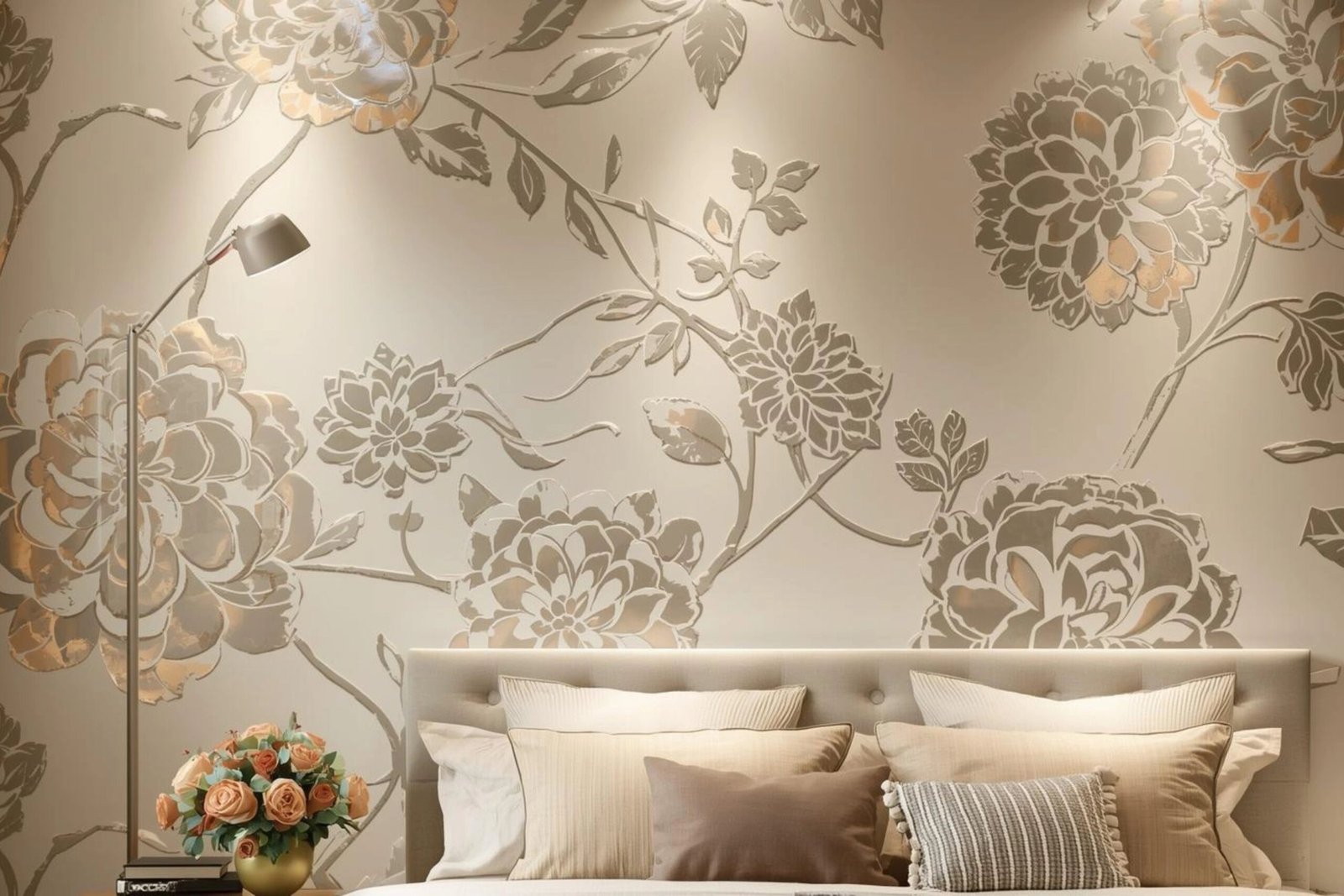 Elegant bedroom featuring a metallic floral textured wallpaper accent wall behind a modern upholstered headboard.