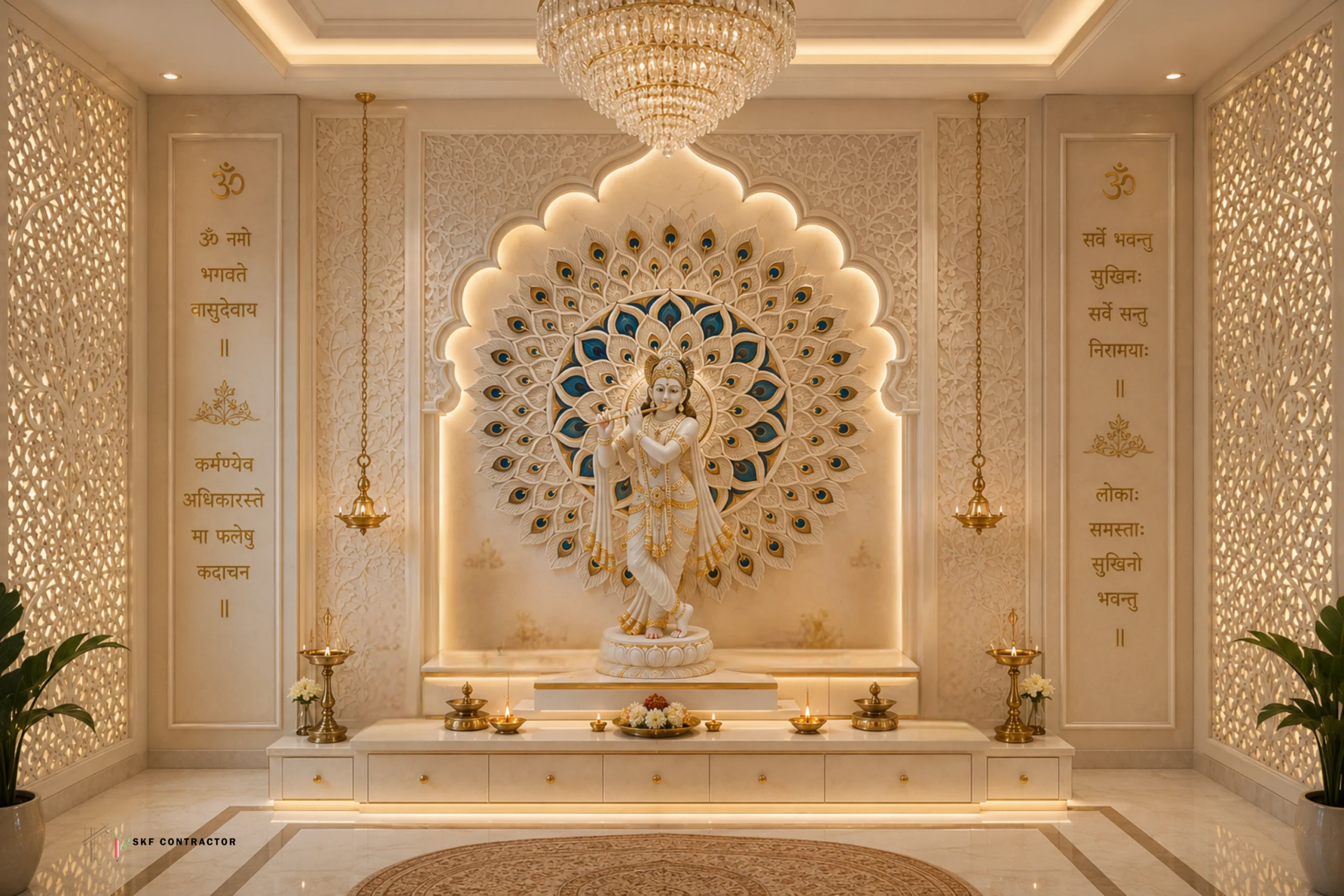 Elegant marble Krishna statue in a modern home mandir with peacock feather backdrop and warm lighting.
