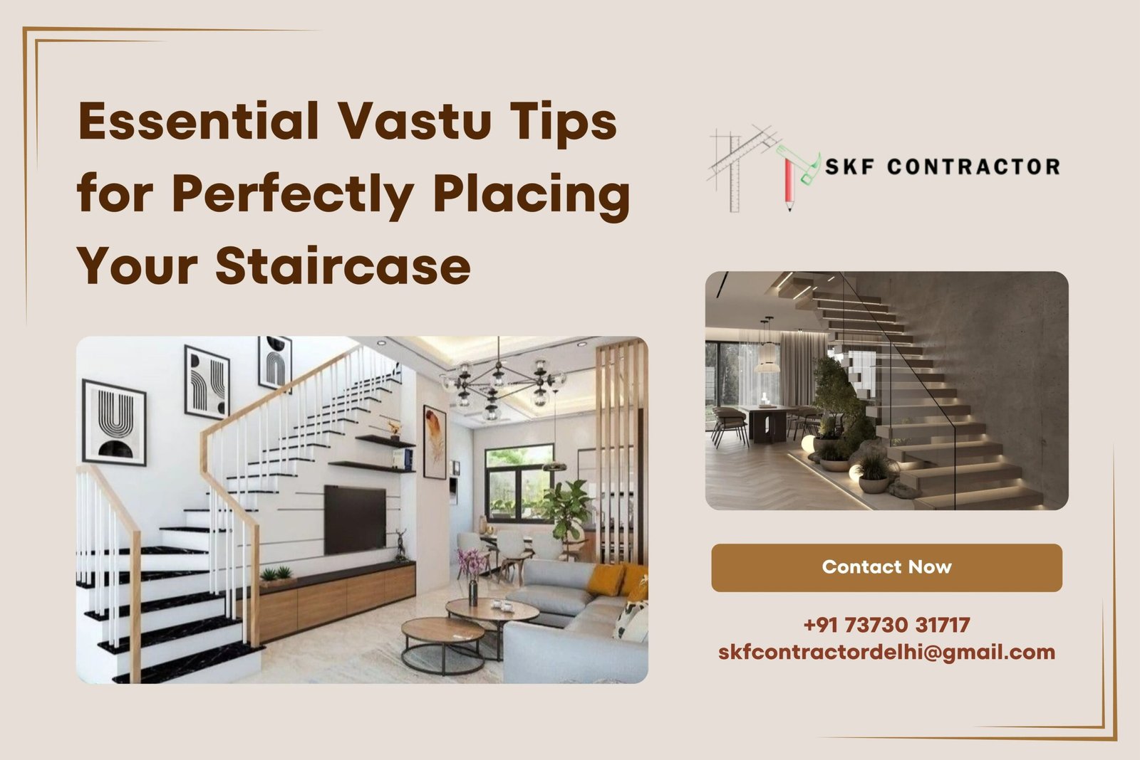 Modern interior design showcasing Vastu tips for staircase placement by SKF Contractor.