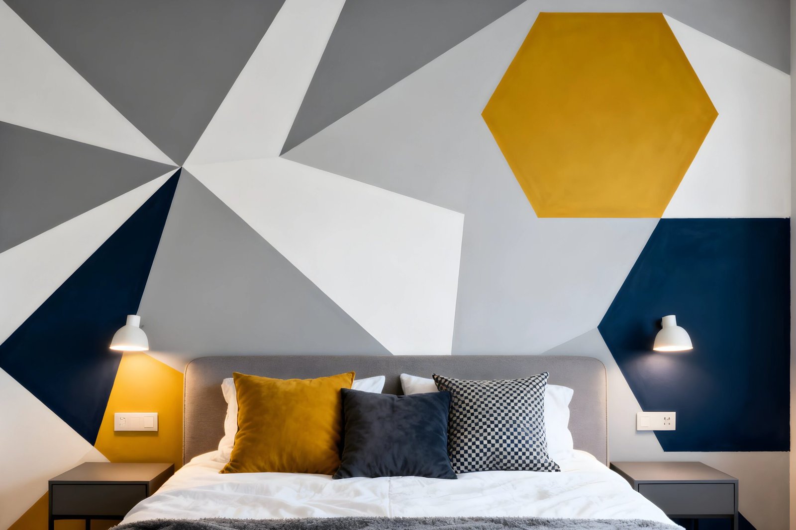 Modern bedroom featuring a geometric accent wall with grey, navy, and yellow triangular patterns.