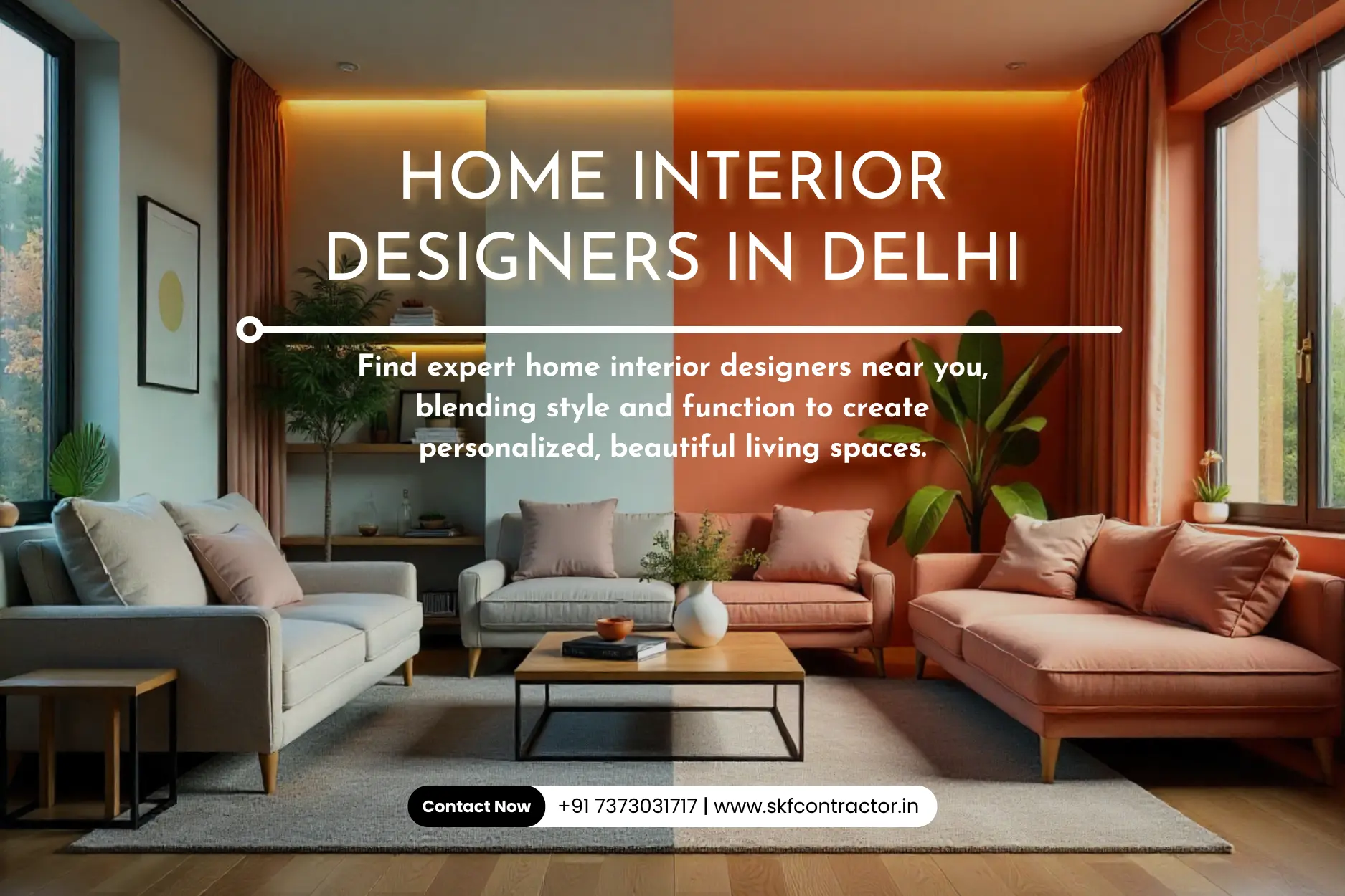 Modern living room by home interior designers in Delhi with elegant sofas and warm accent lighting.