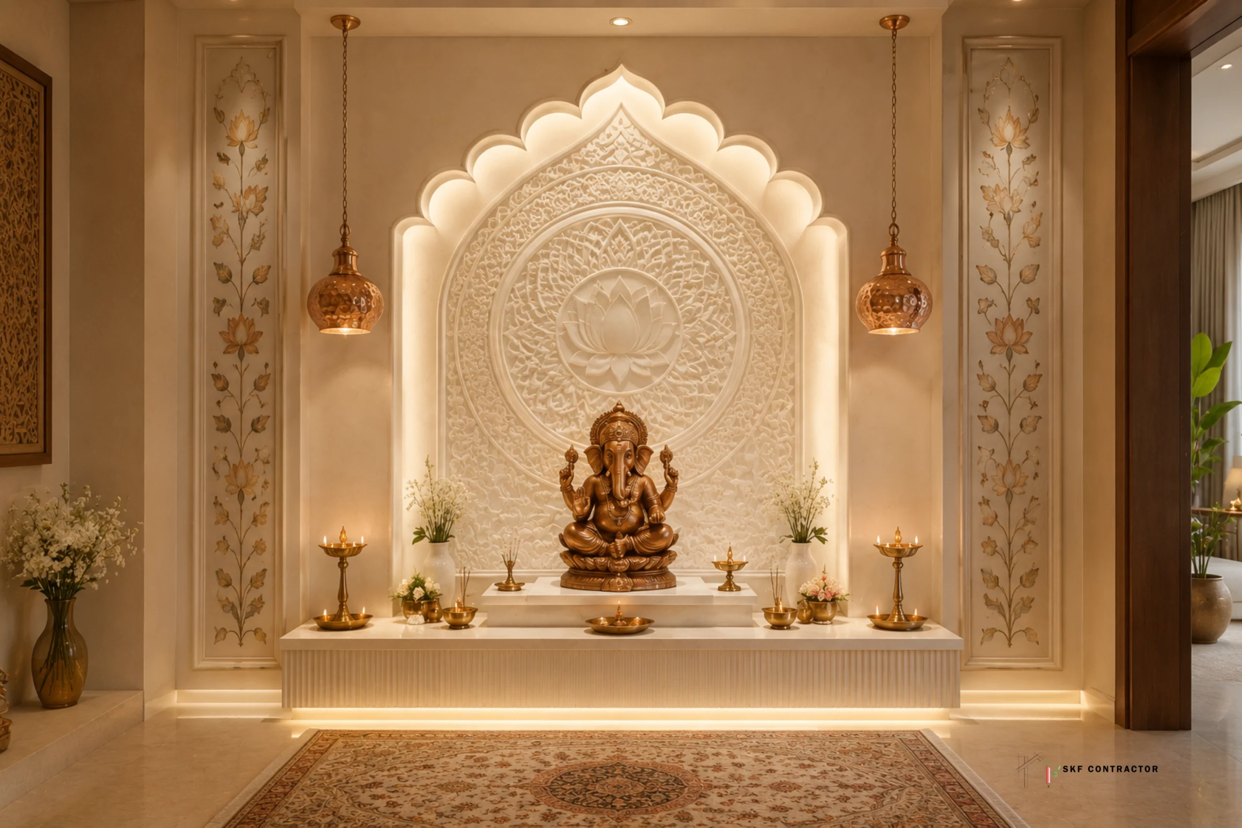 Elegant modern puja room with a golden Lord Ganesha idol, intricate wall carvings, and hanging lamps.