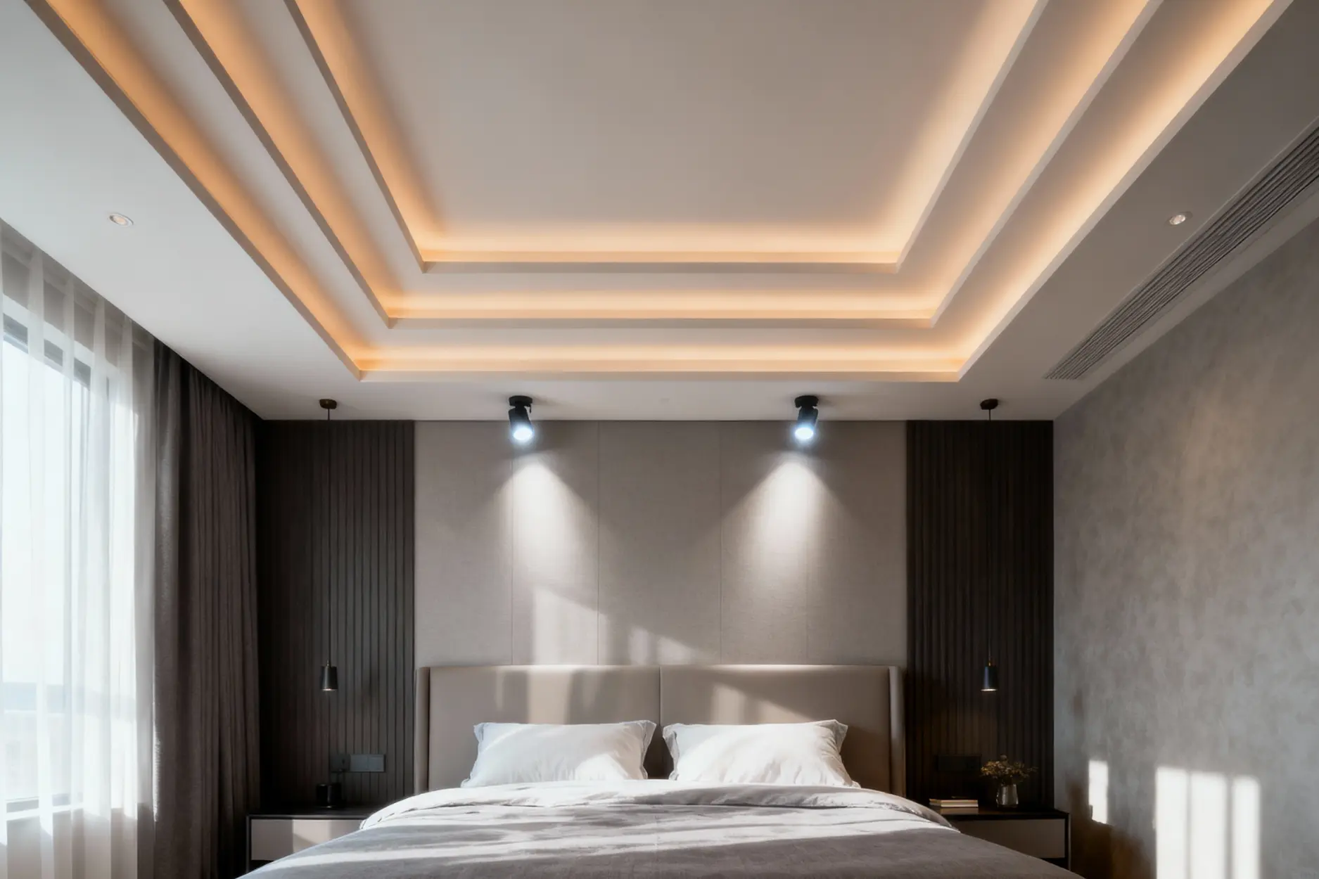 layered false ceiling with dual lighting