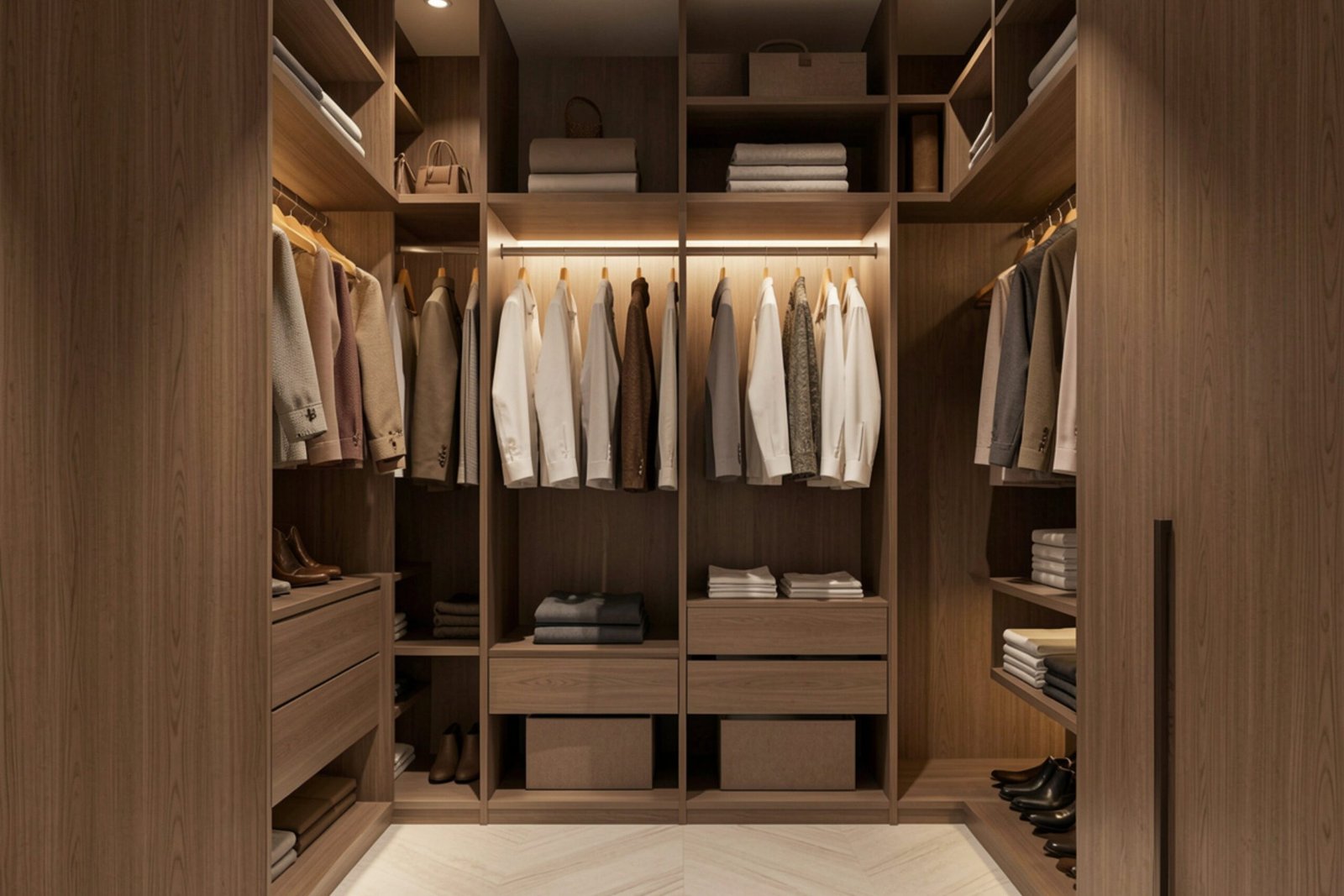 Luxury custom walk-in closet with organized wood shelving, hanging clothes, and warm integrated LED lighting.