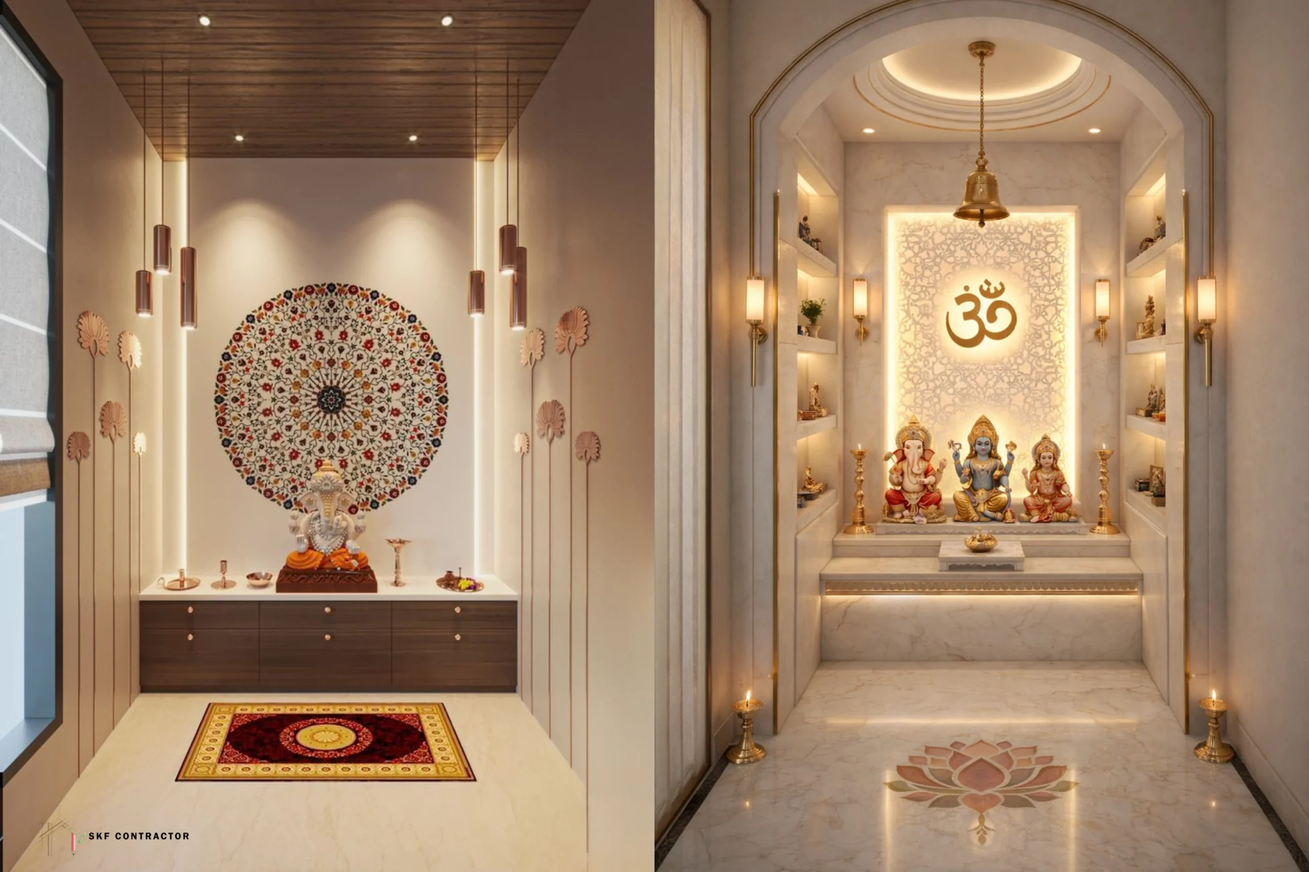 Modern puja room designs featuring elegant marble altars, divine Hindu idols, and ambient LED lighting.