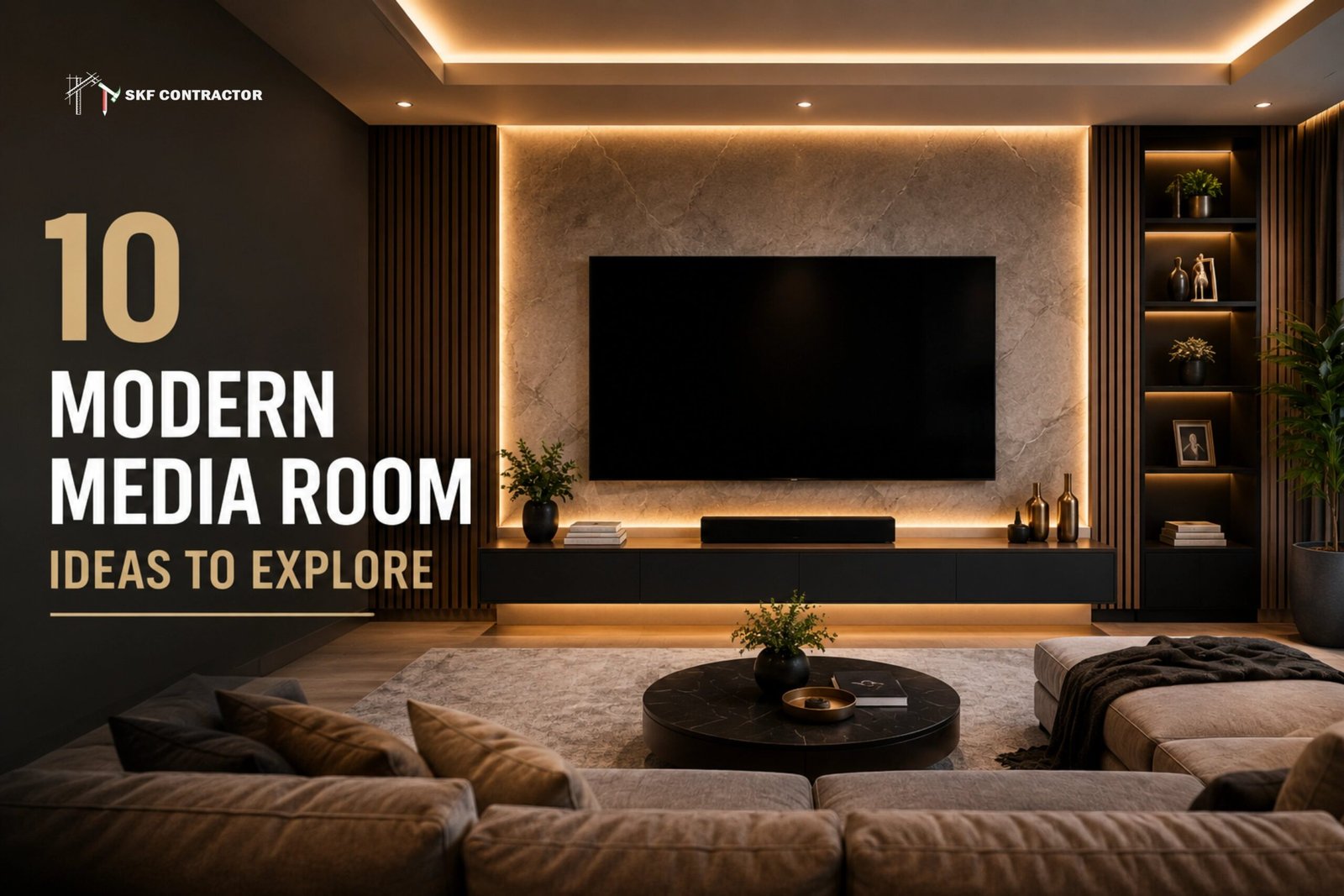 Modern media room featuring a large wall-mounted TV with warm LED backlighting and a sleek floating console.