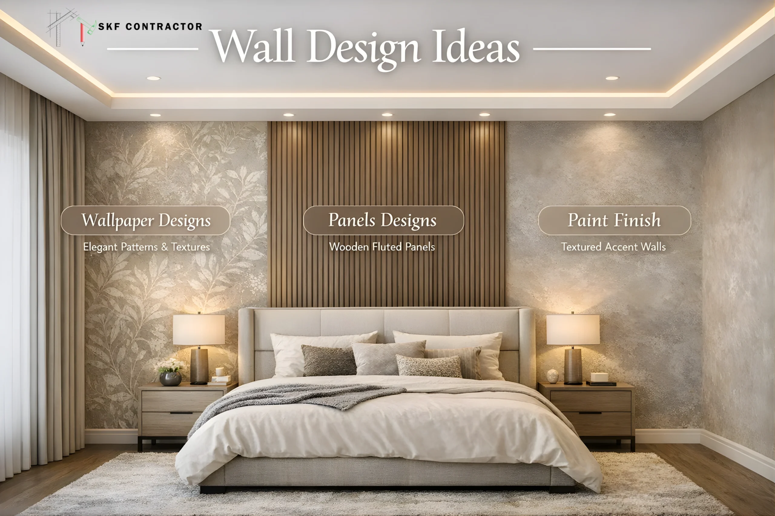 Modern bedroom interior showcasing wallpaper designs, wooden fluted panels, and textured paint finish wall decor.