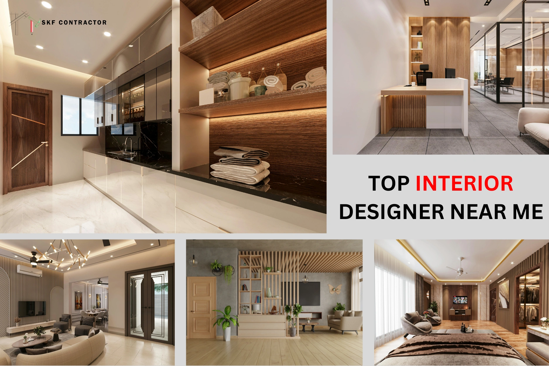 Modern luxury home interior design showcasing a kitchen, office reception, and bedroom by a top interior designer.