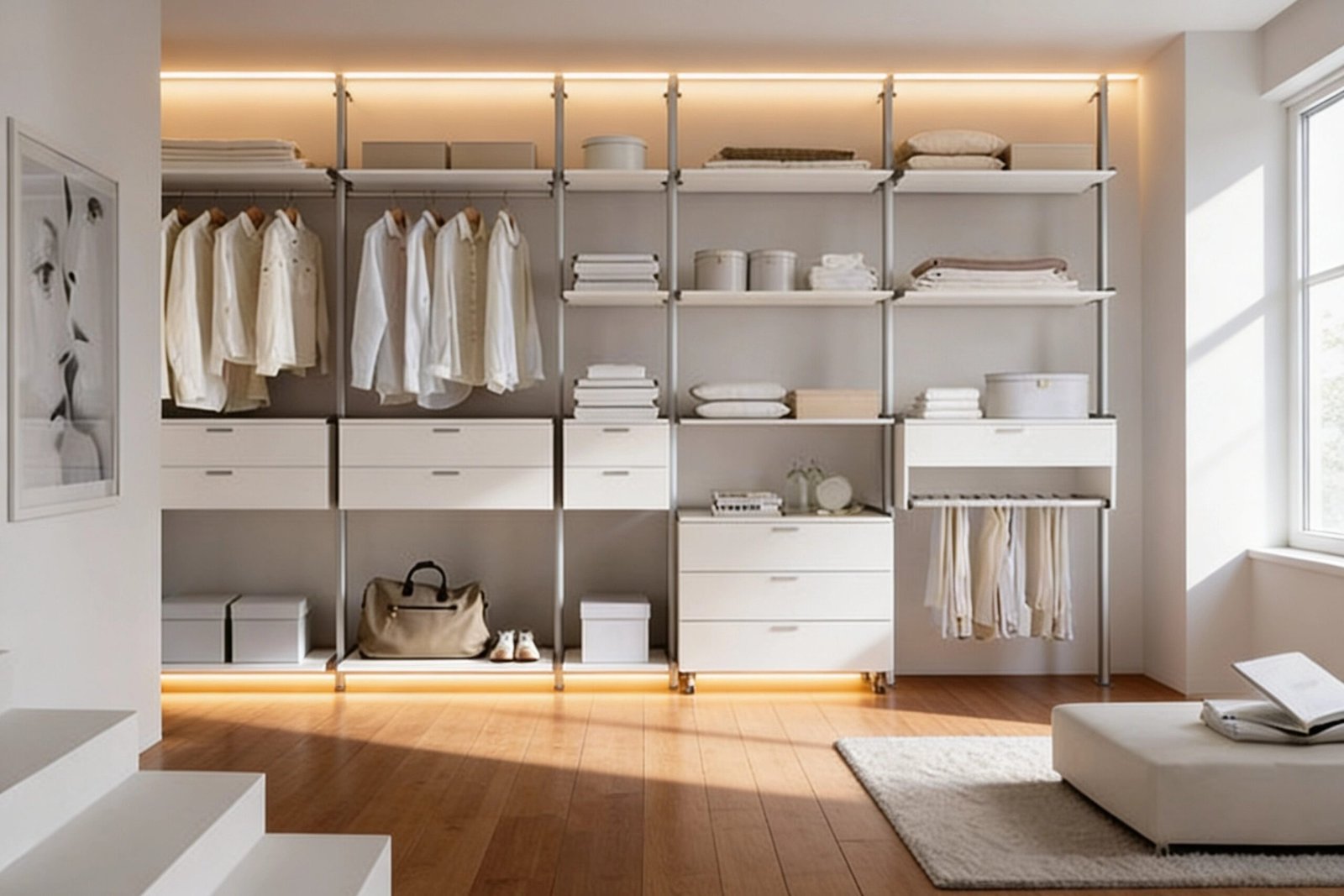 Modern walk-in closet with organized shelving, white cabinets, and warm integrated LED lighting.