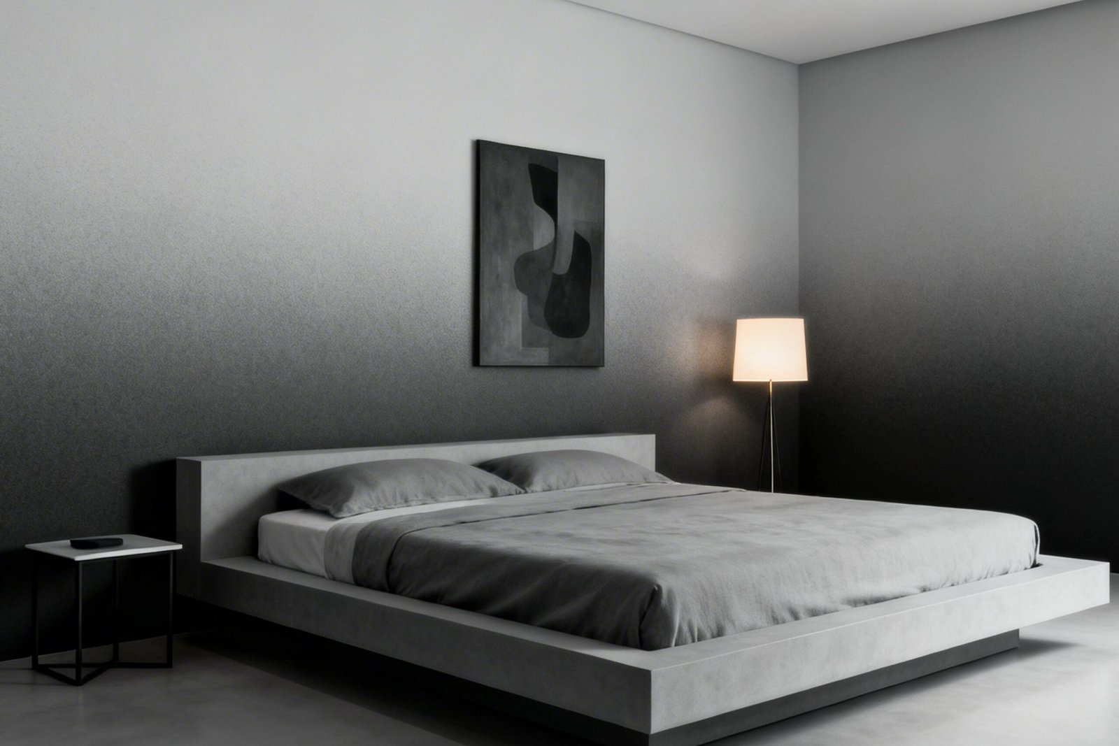 Modern minimalist bedroom with a grey platform bed, abstract wall art, and a glowing floor lamp.