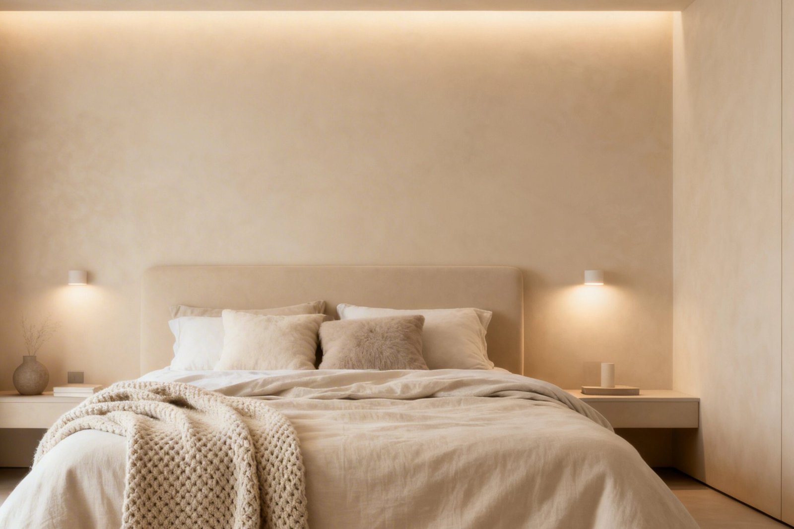 Minimalist modern bedroom interior with neutral beige linen bedding and warm ambient cove lighting.